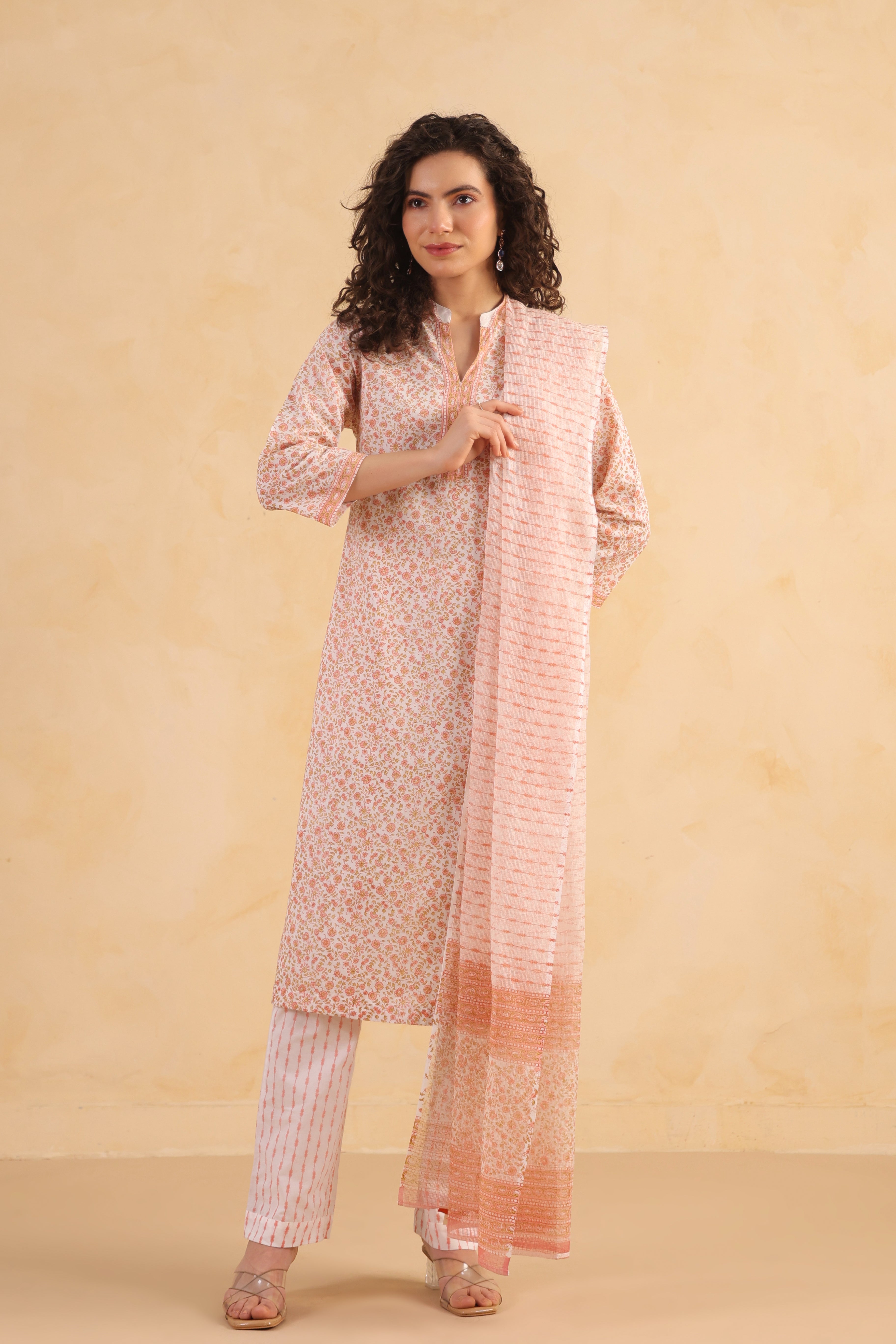Kota Doria Printed Dupatta - Peach