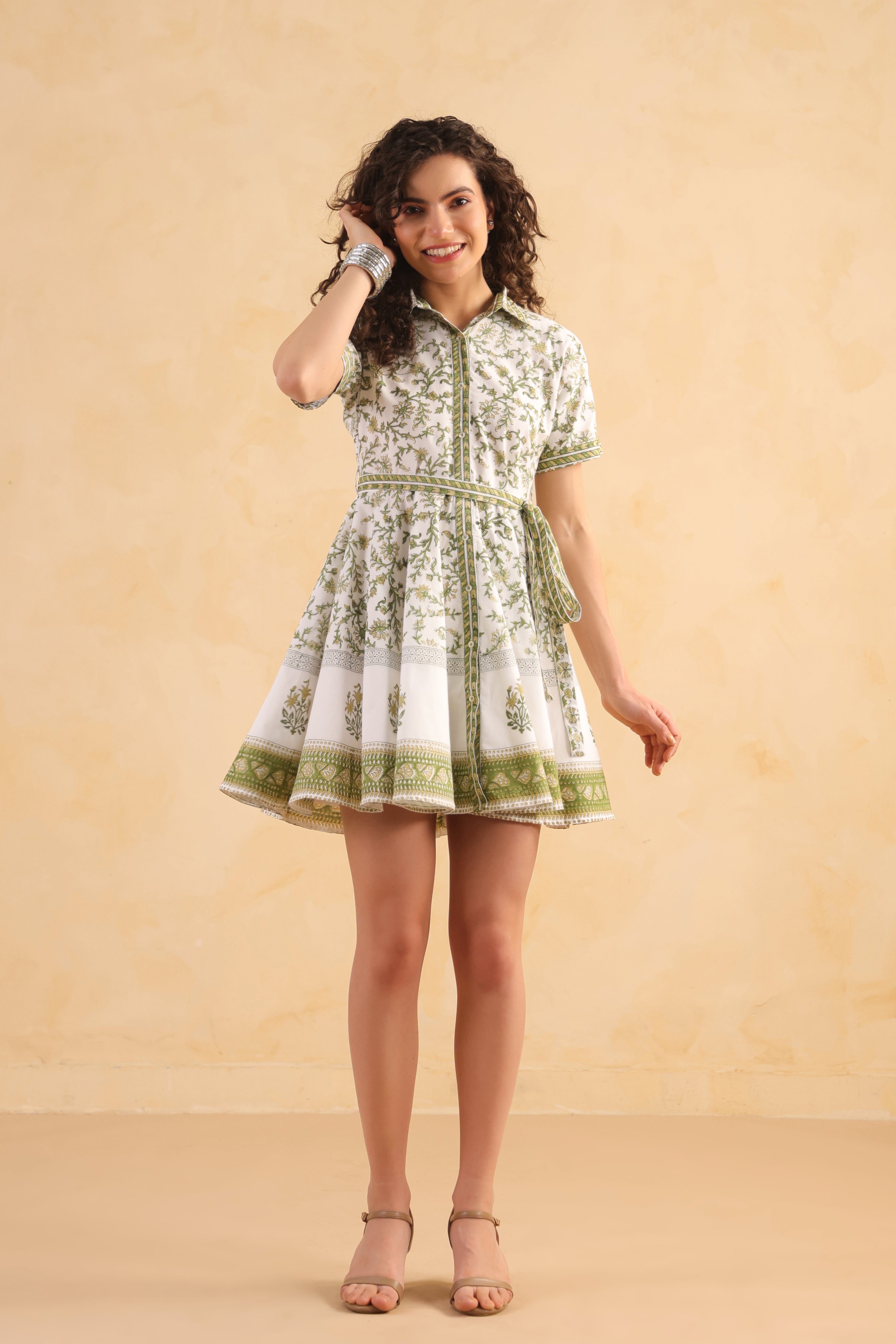 Kimono Shirt Dress – Green/White