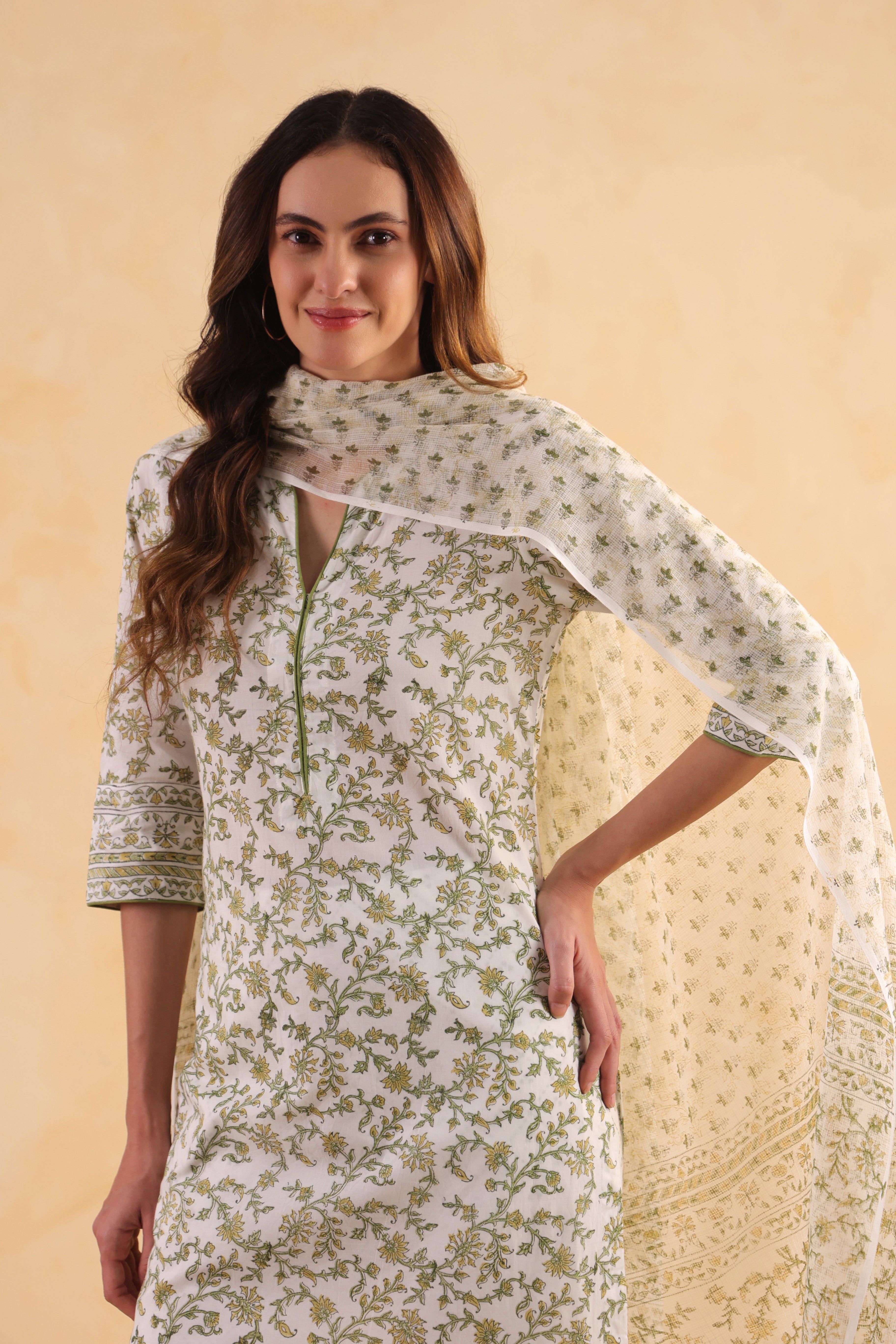 Kota Doria Printed Dupatta - Green