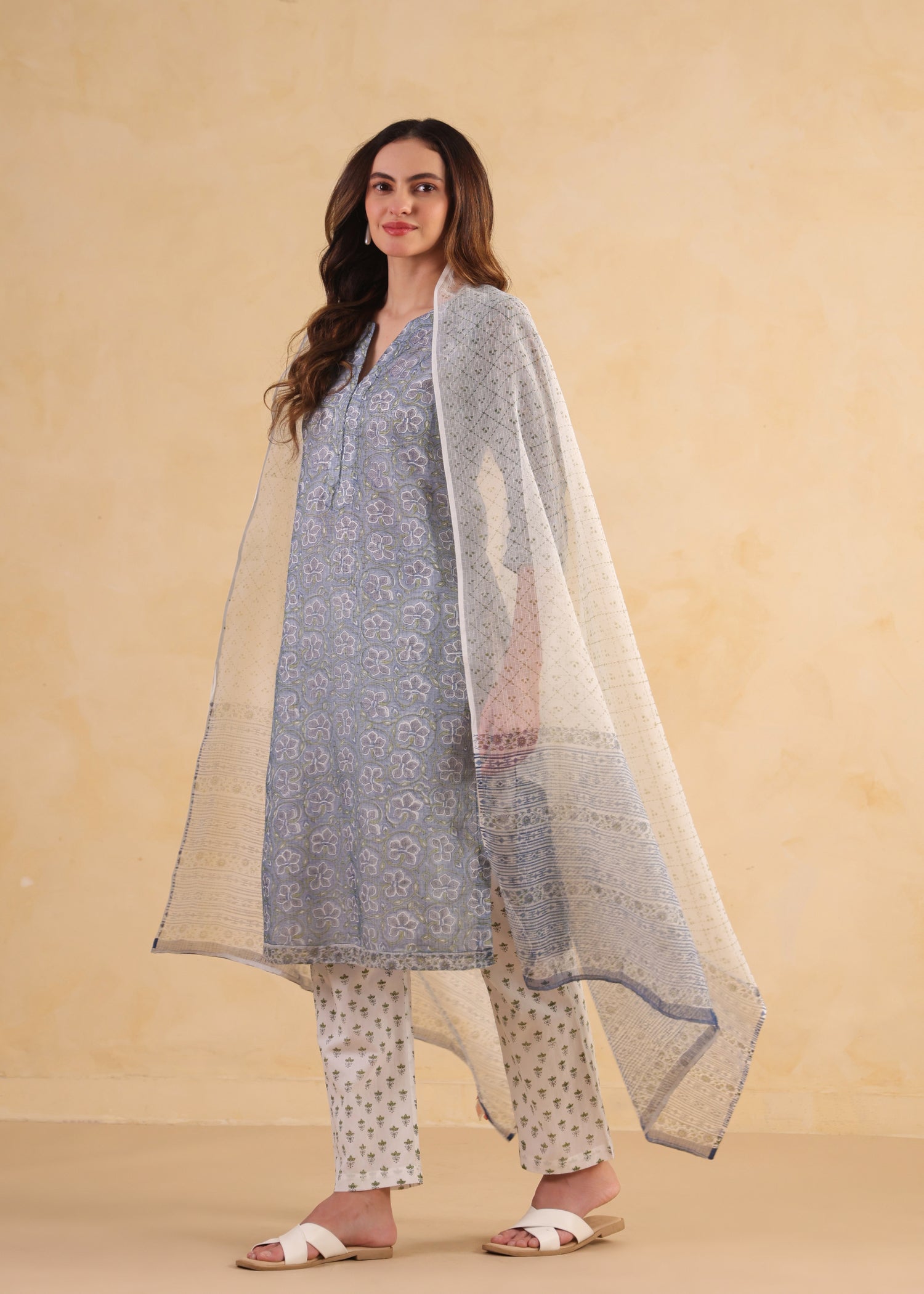 Kota Doria Suit Set-Blue/White