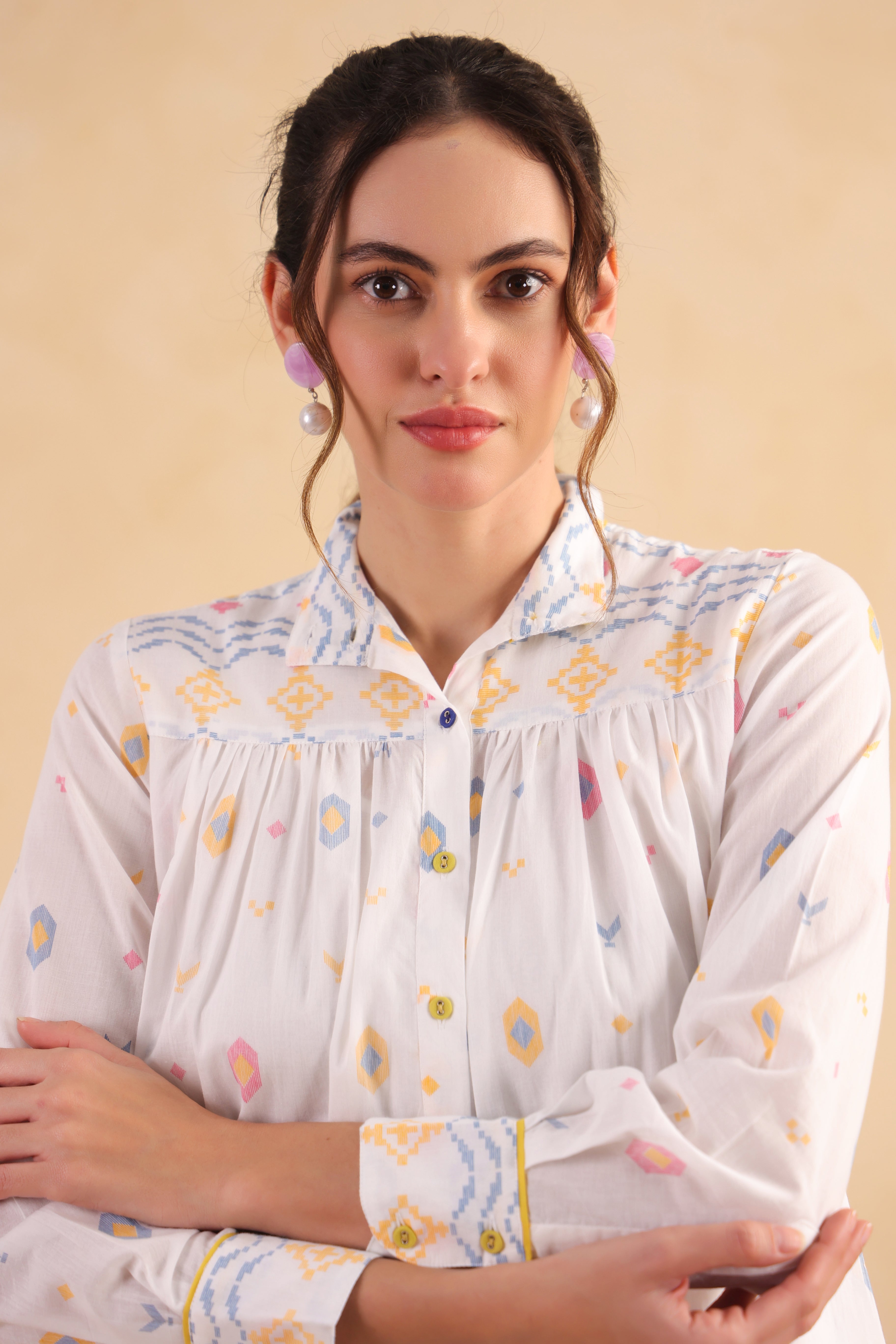 Gathered Long Shirt Dress–White