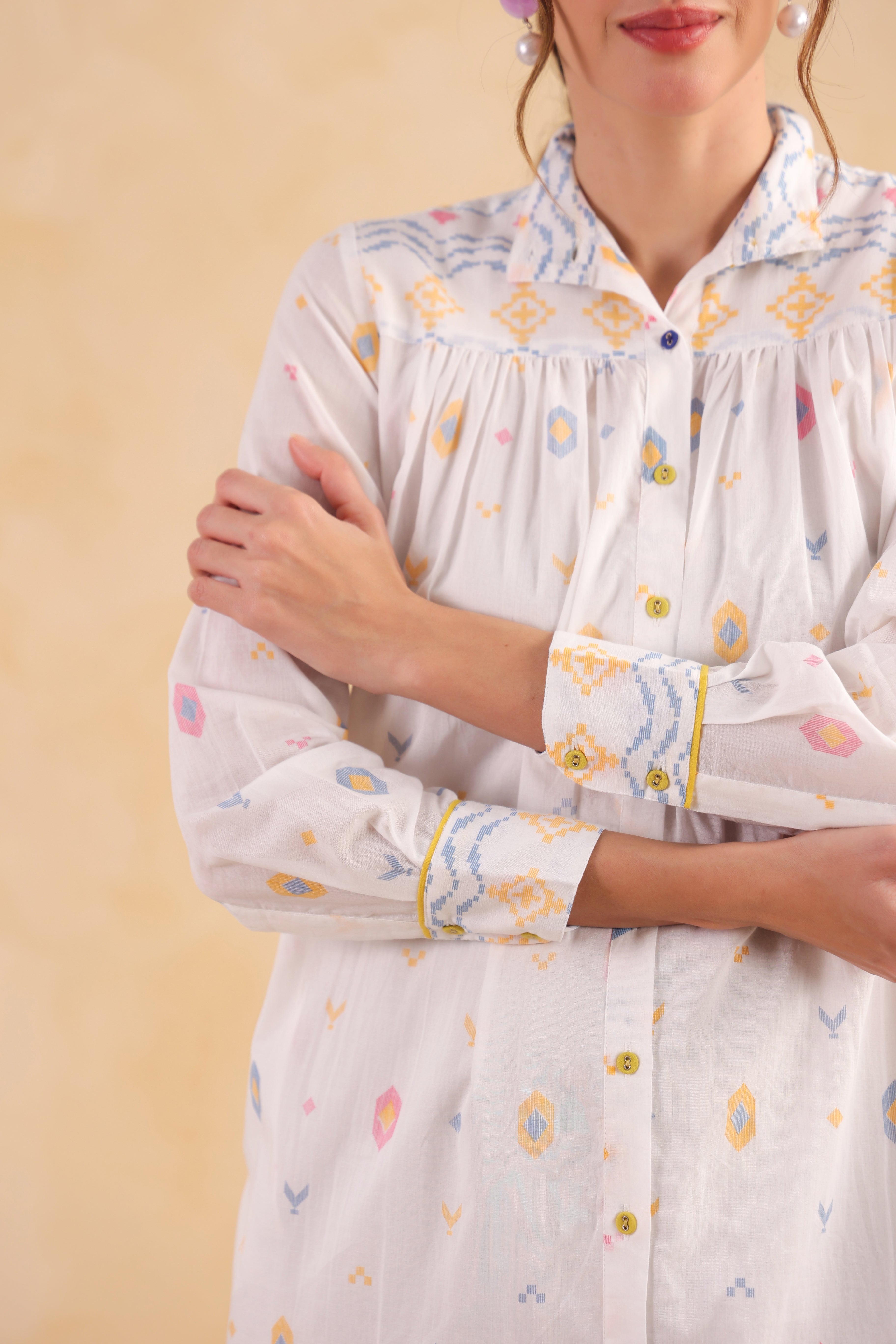 Gathered Long Shirt Dress–White