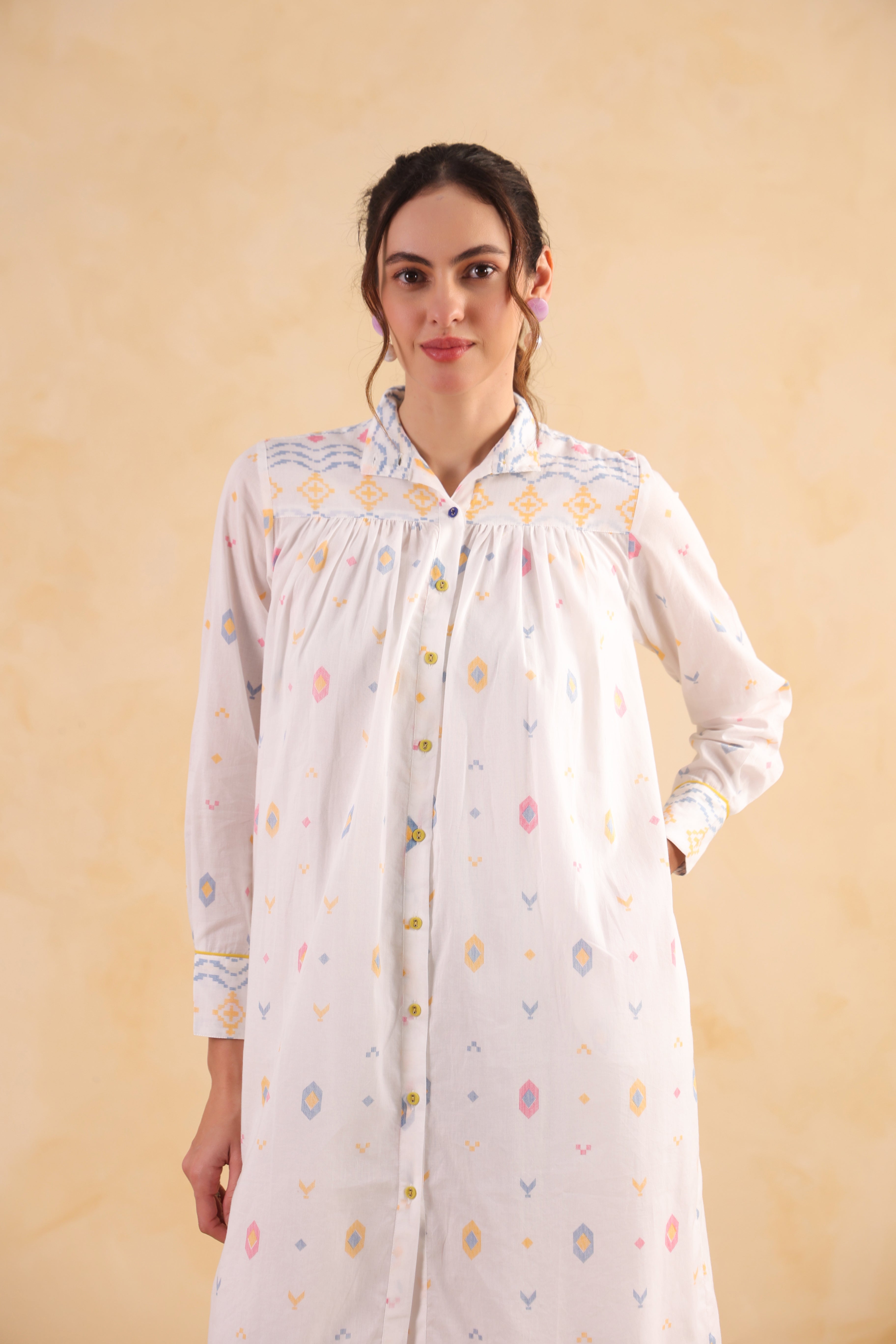 Gathered Long Shirt Dress–White
