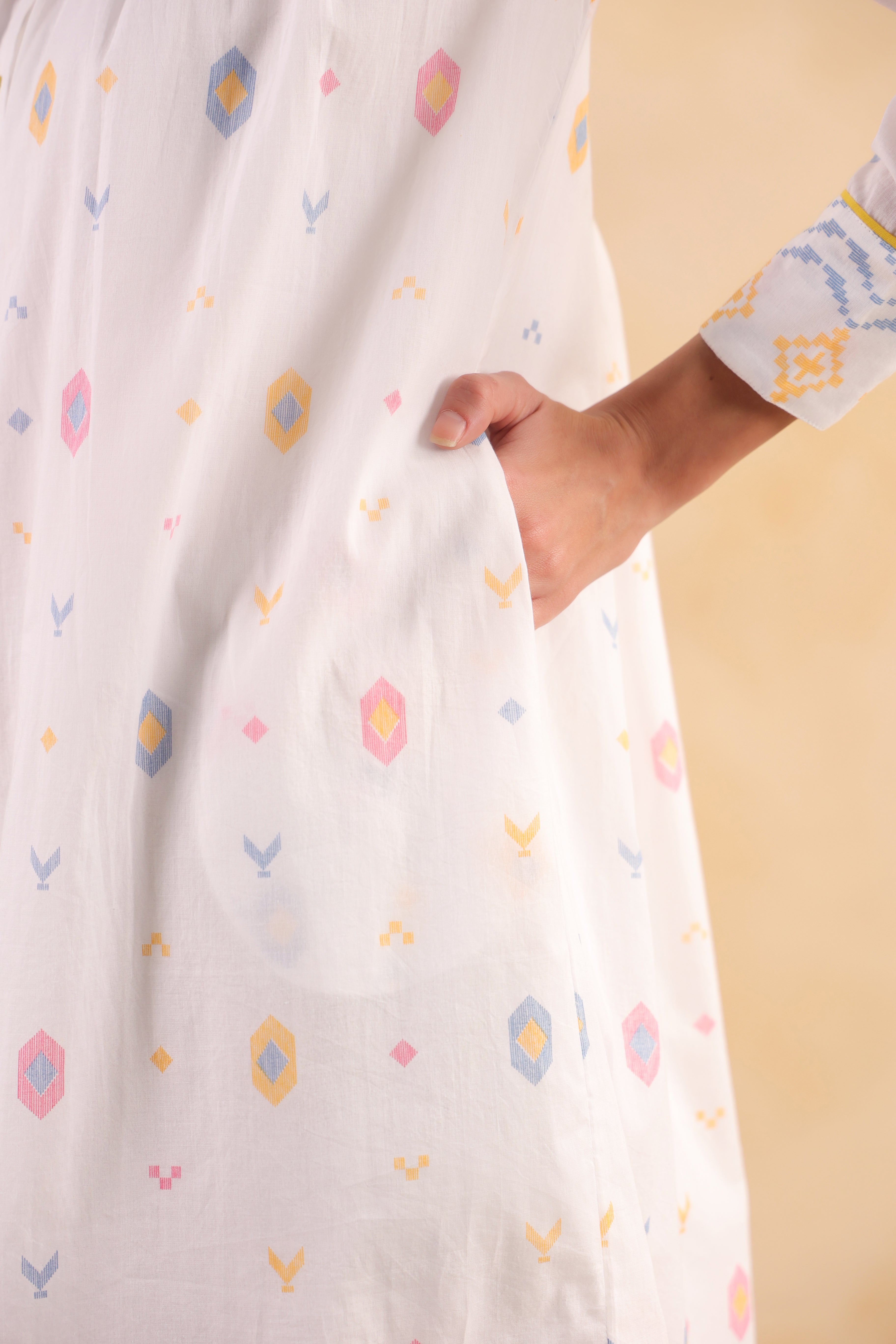 Gathered Long Shirt Dress–White