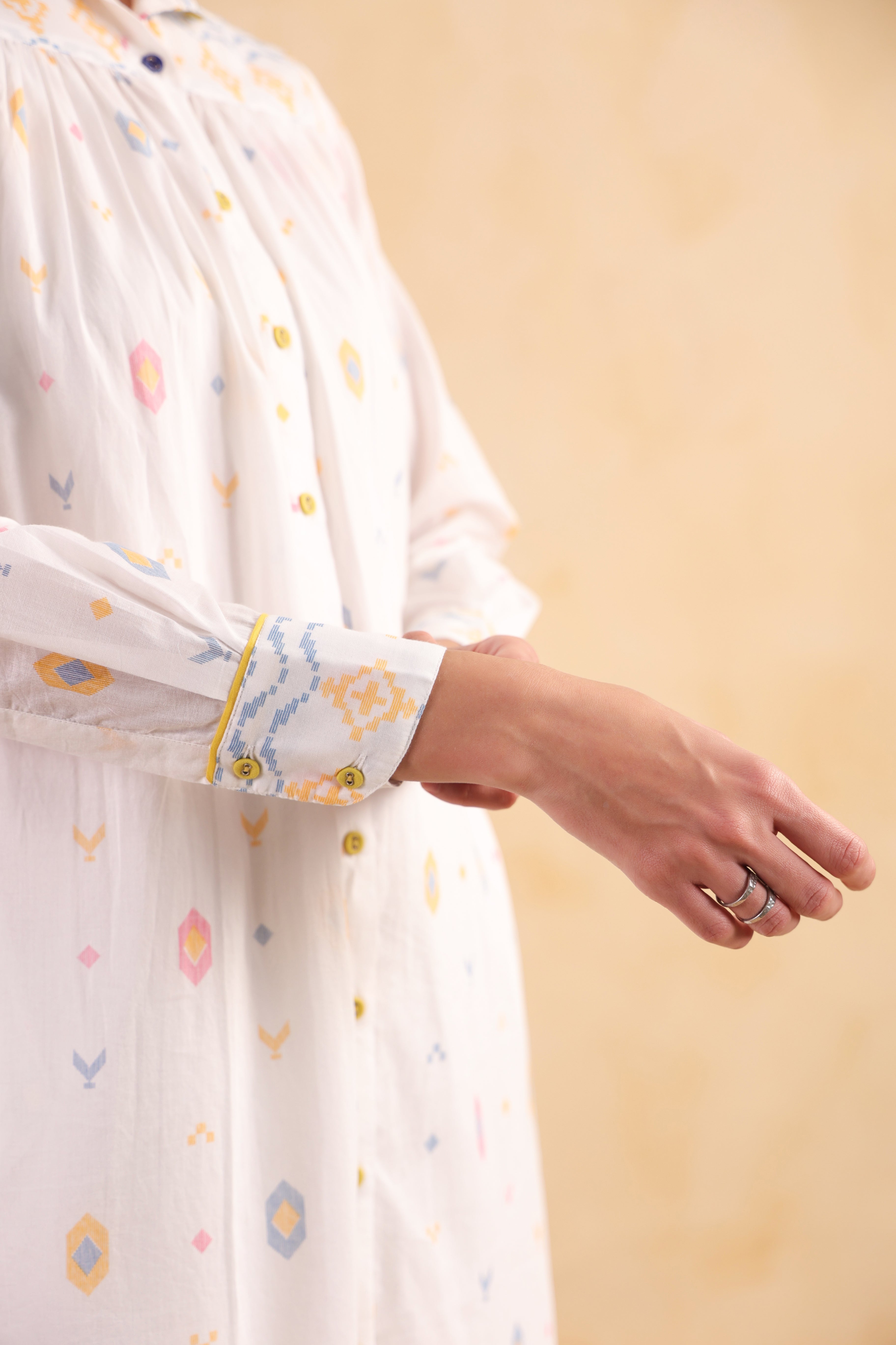 Gathered Long Shirt Dress–White