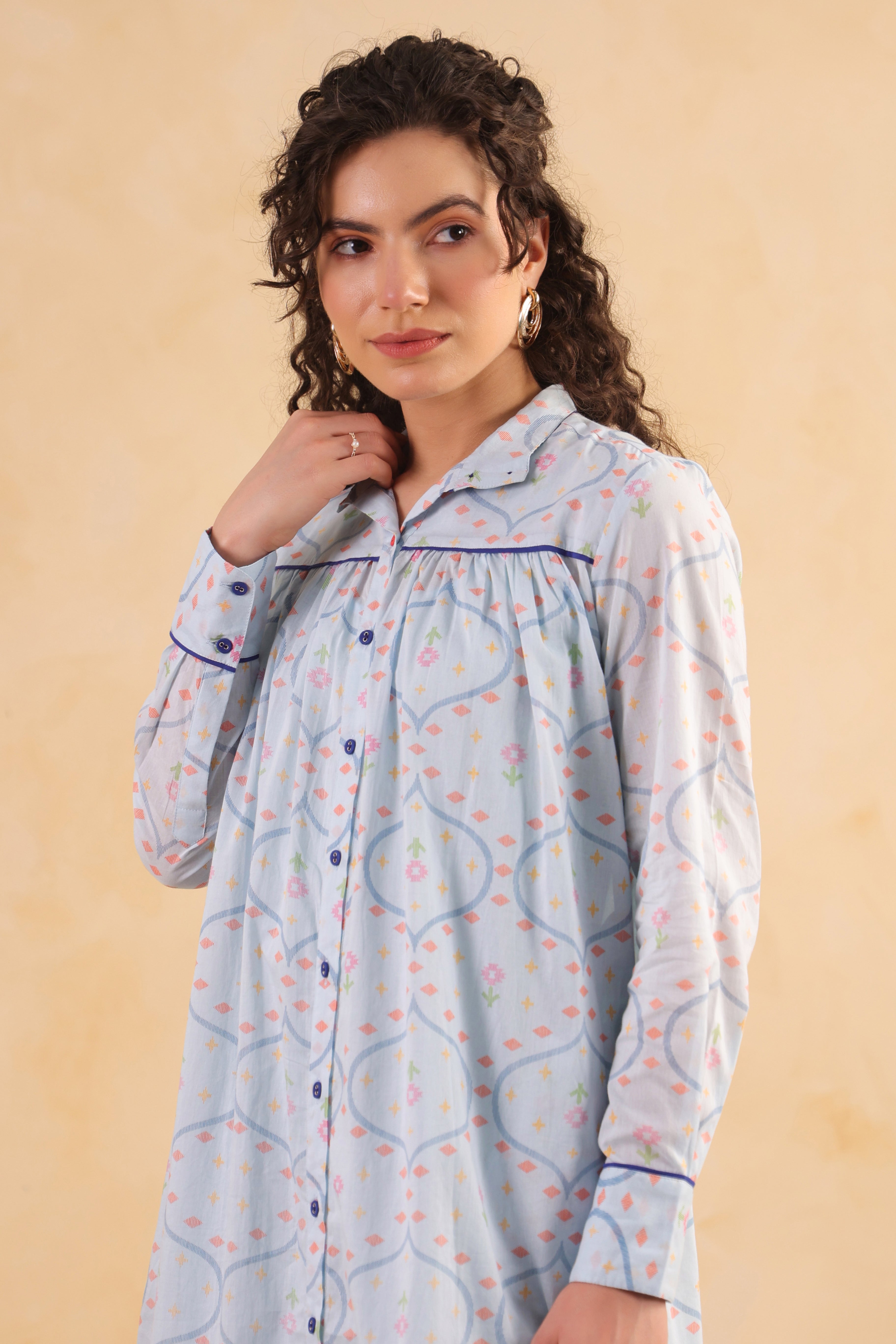 Gathered Long Shirt Dress–Blue