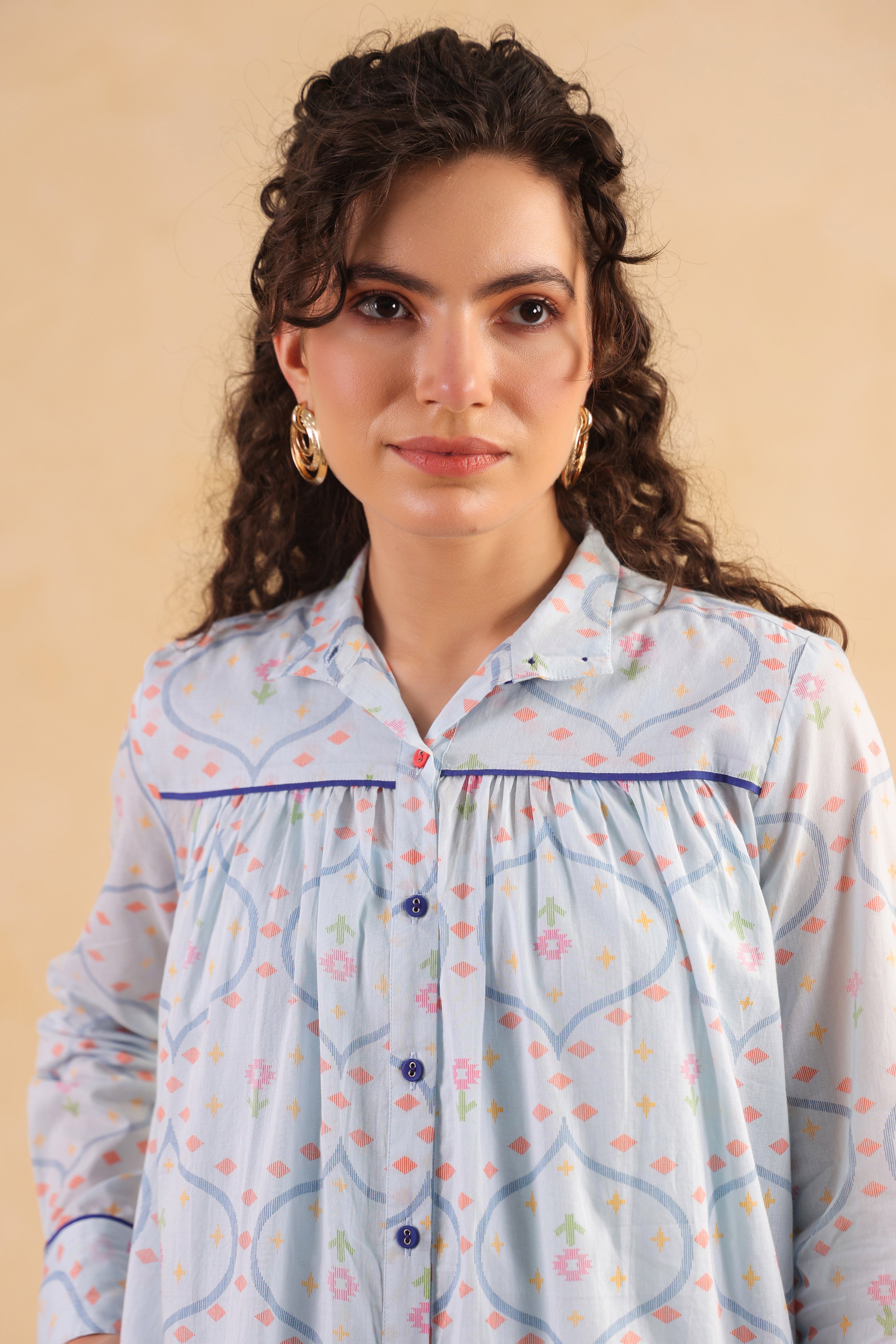 Gathered Long Shirt Dress–Blue