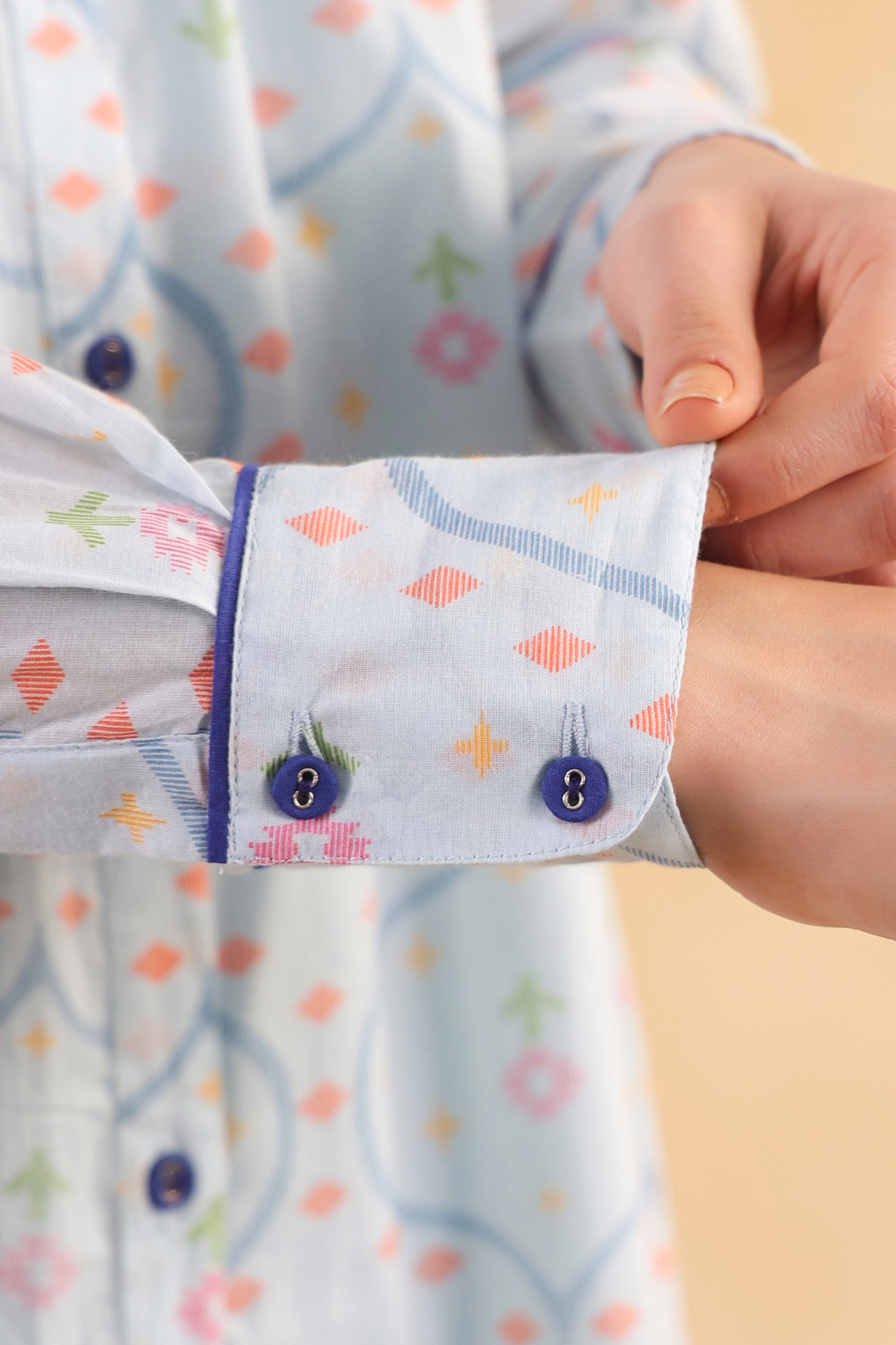 Gathered Long Shirt Dress–Blue