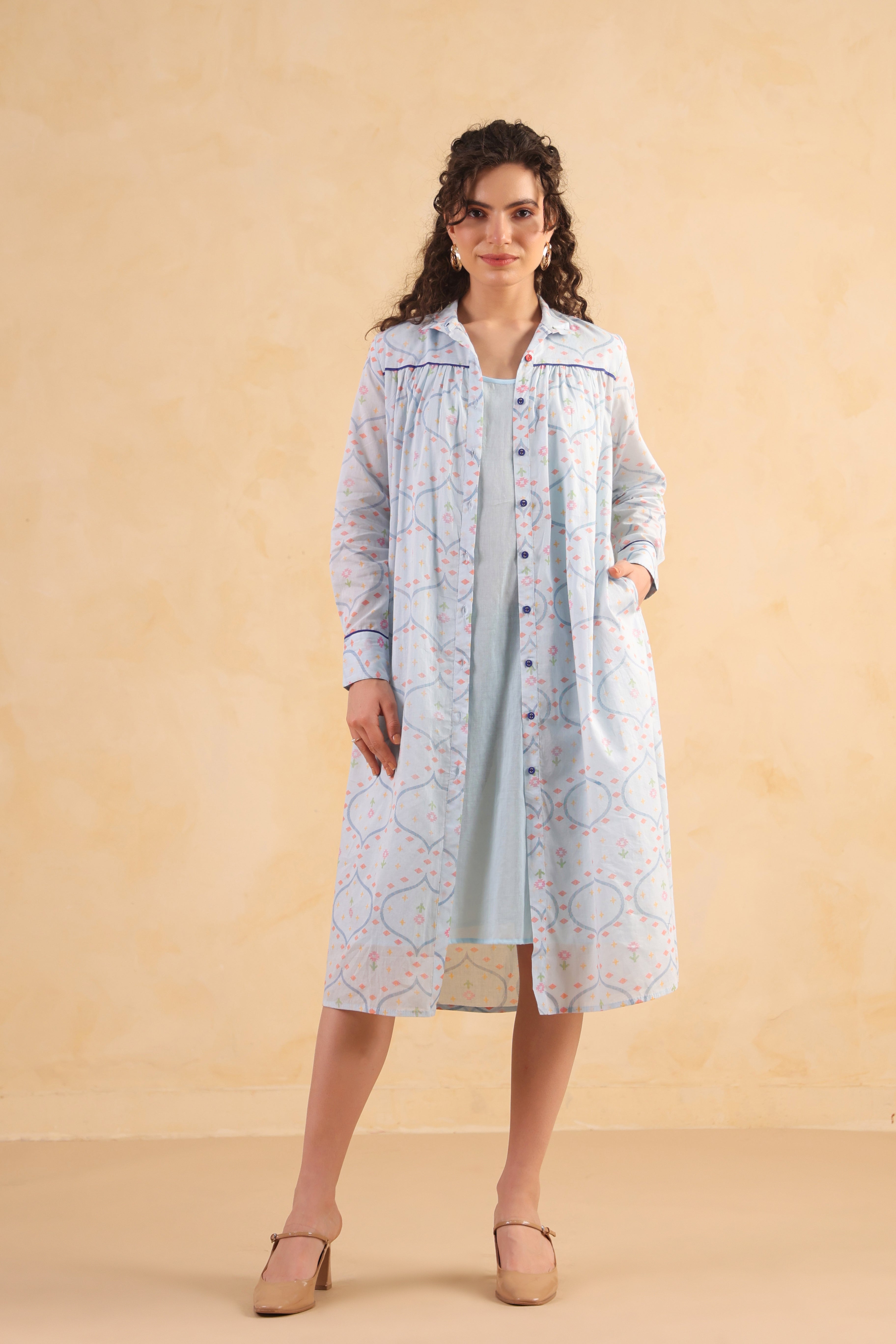 Gathered Long Shirt Dress–Blue