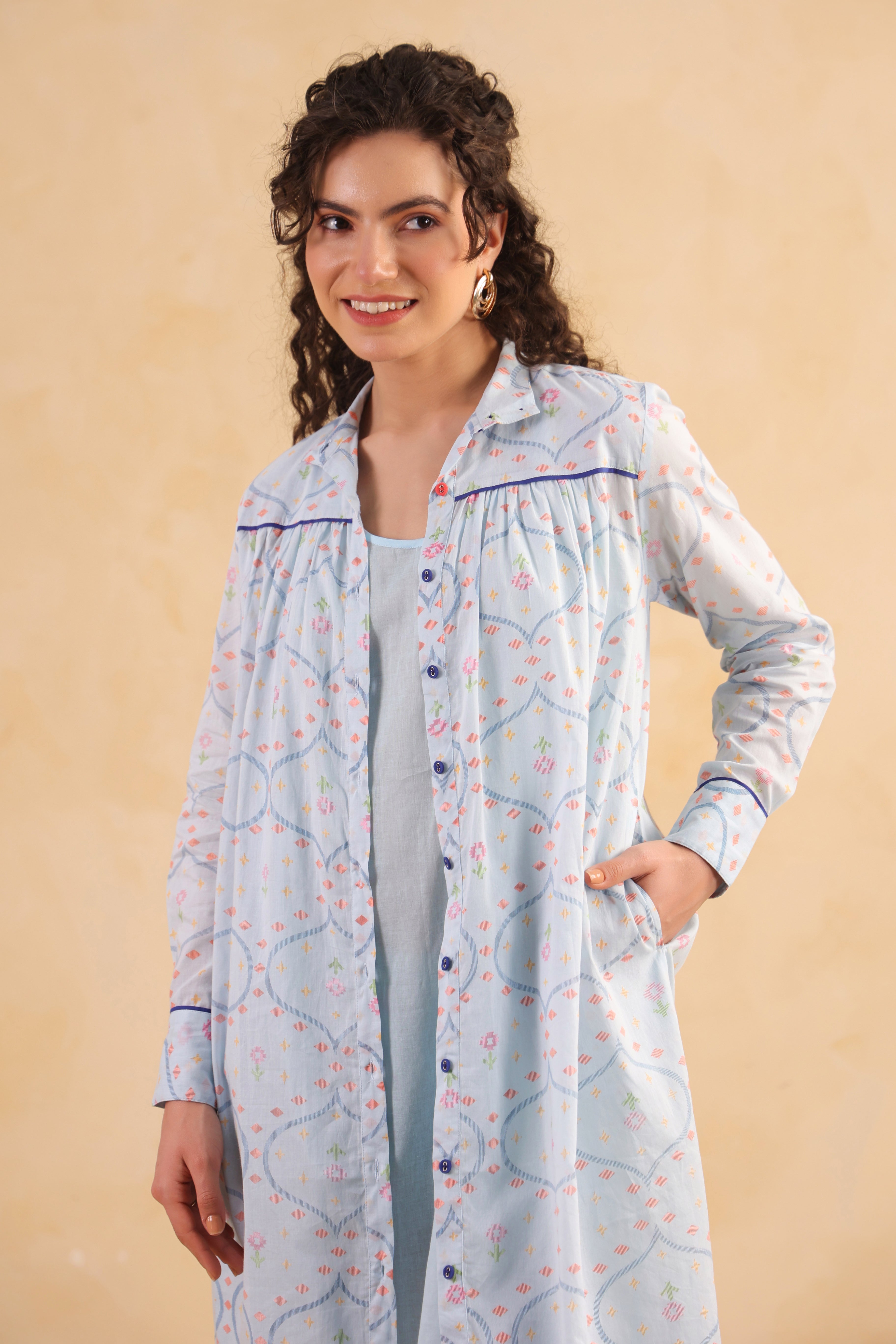 Gathered Long Shirt Dress–Blue