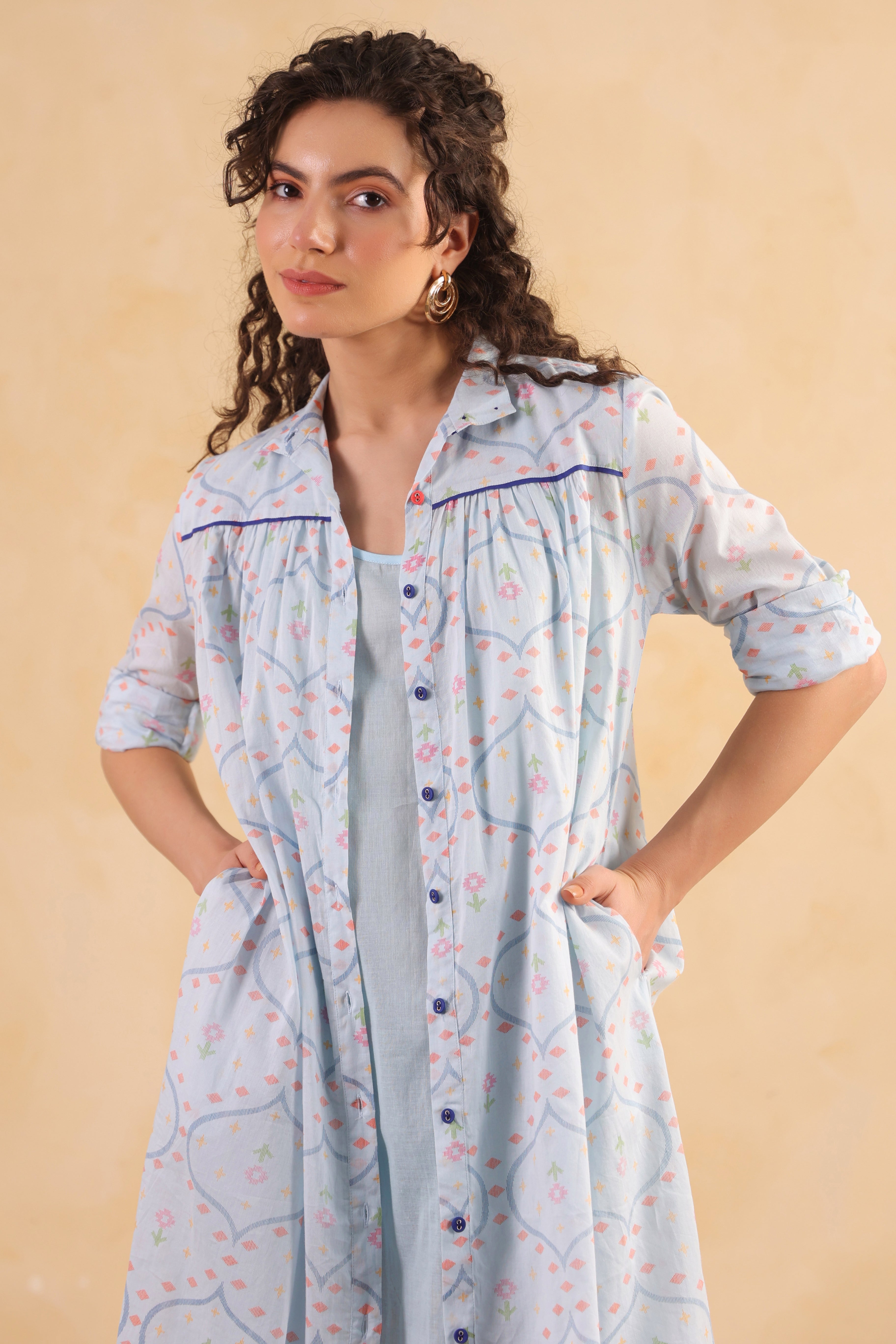 Gathered Long Shirt Dress–Blue