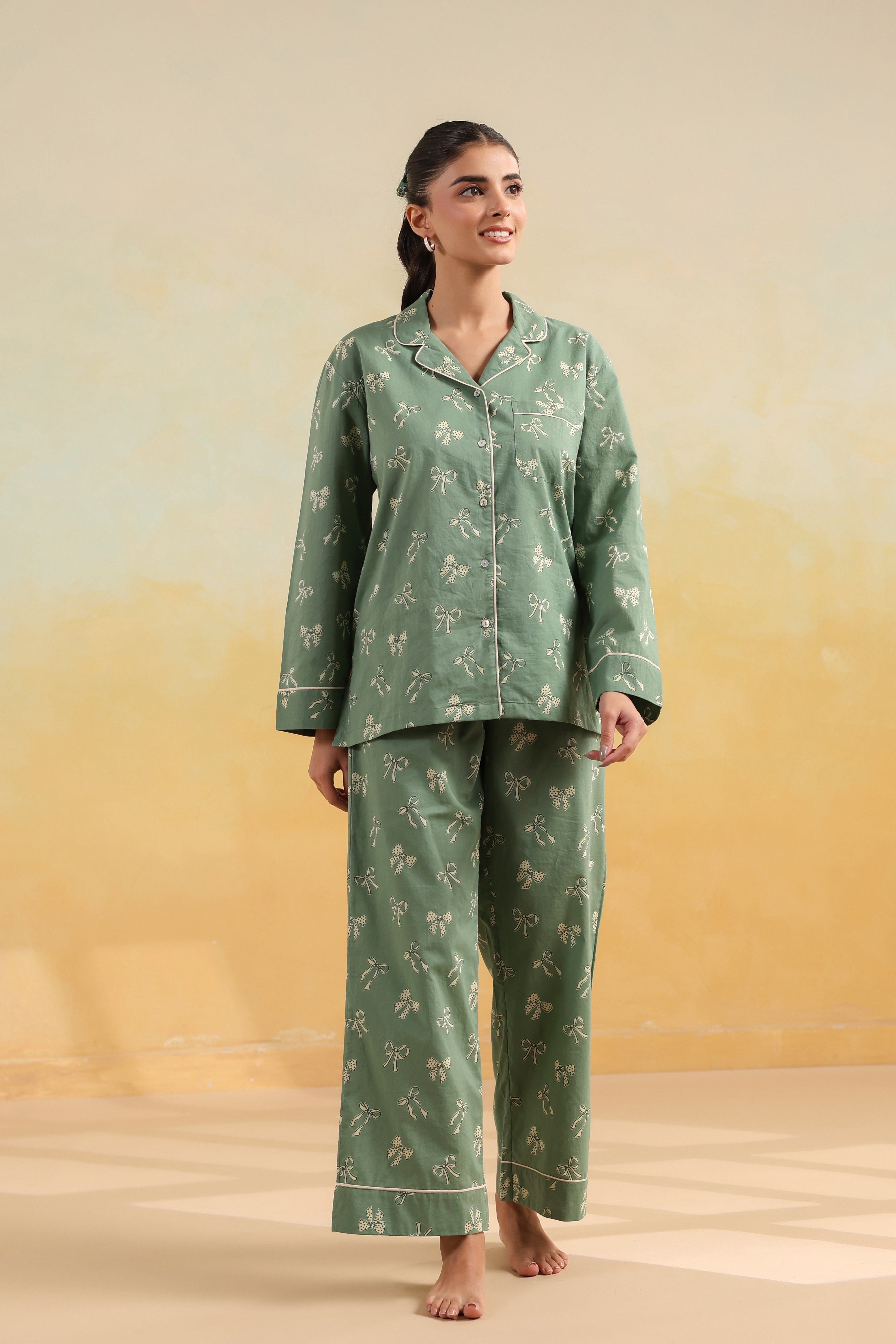 Green Bow Cotton Night Suit