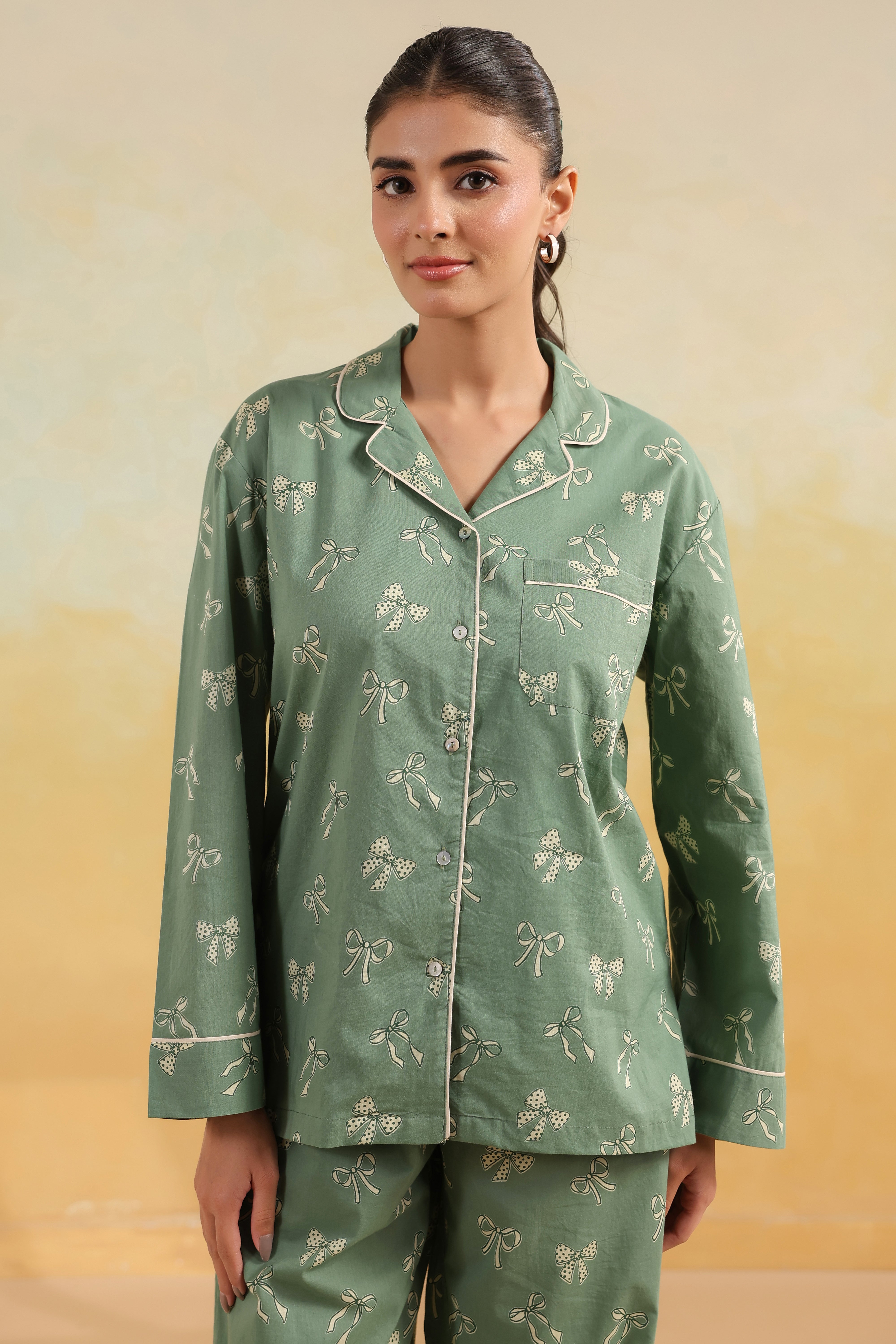 Green Bow Cotton Night Suit