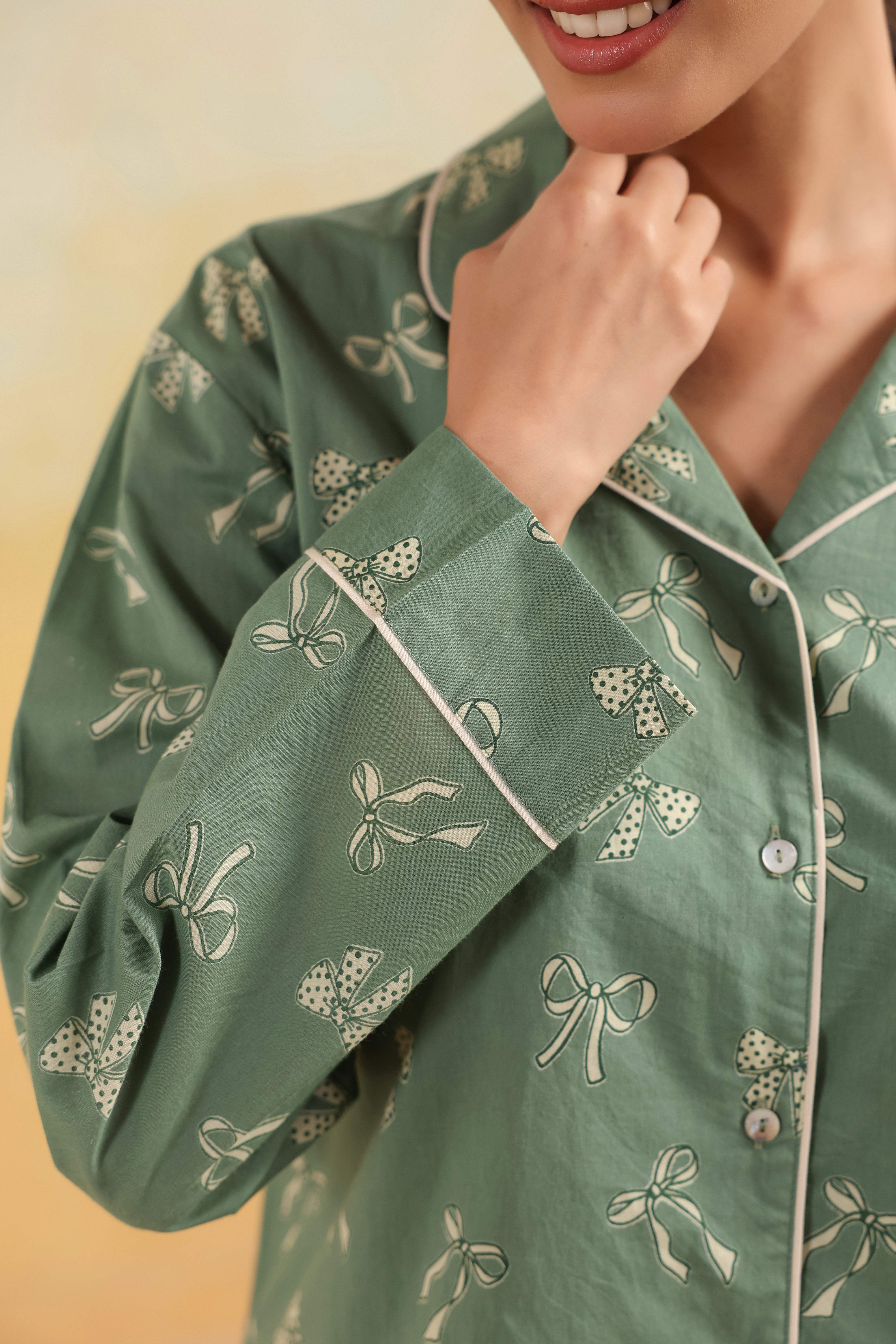 Green Bow Cotton Night Suit