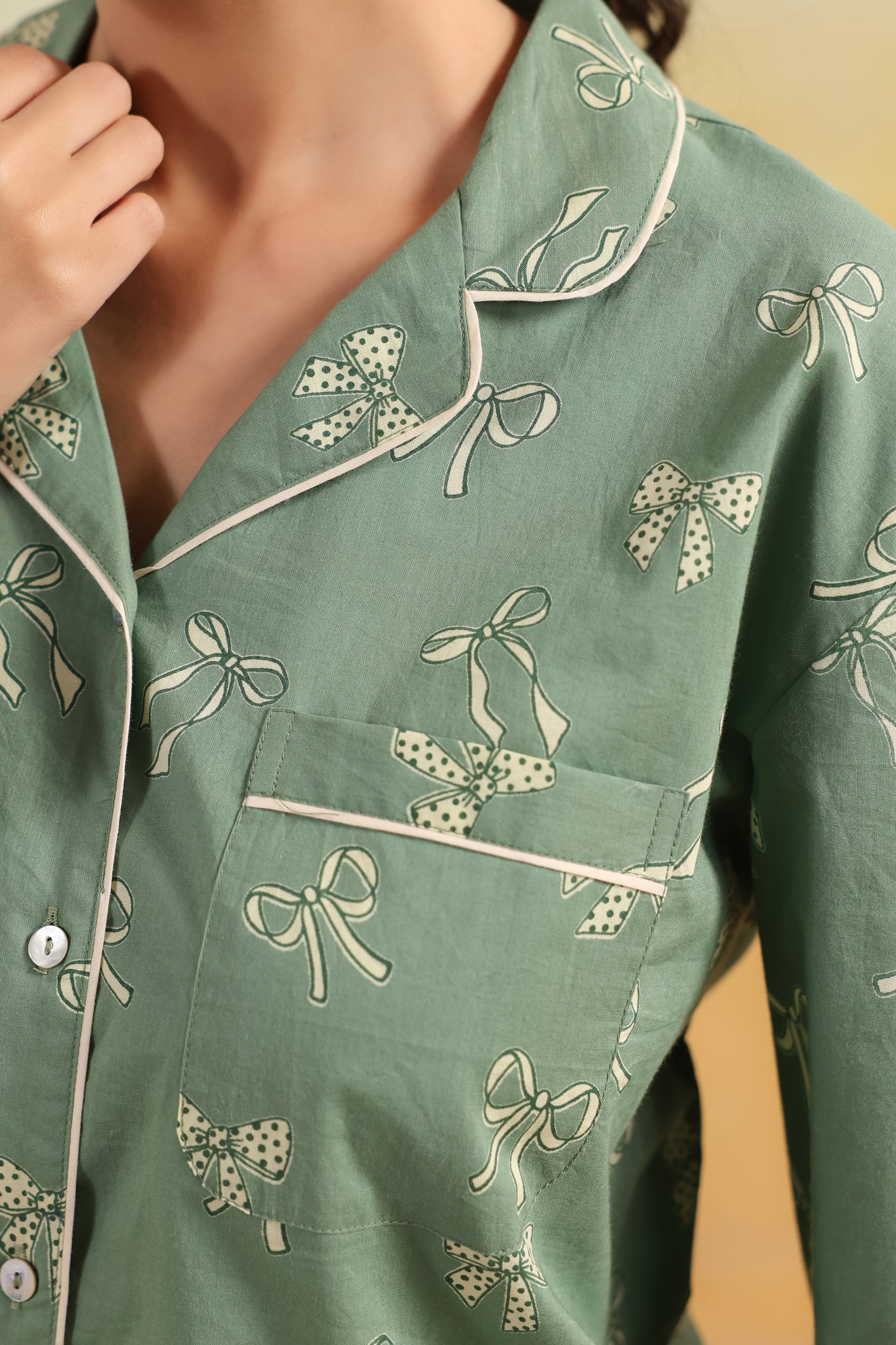 Green Bow Cotton Night Suit