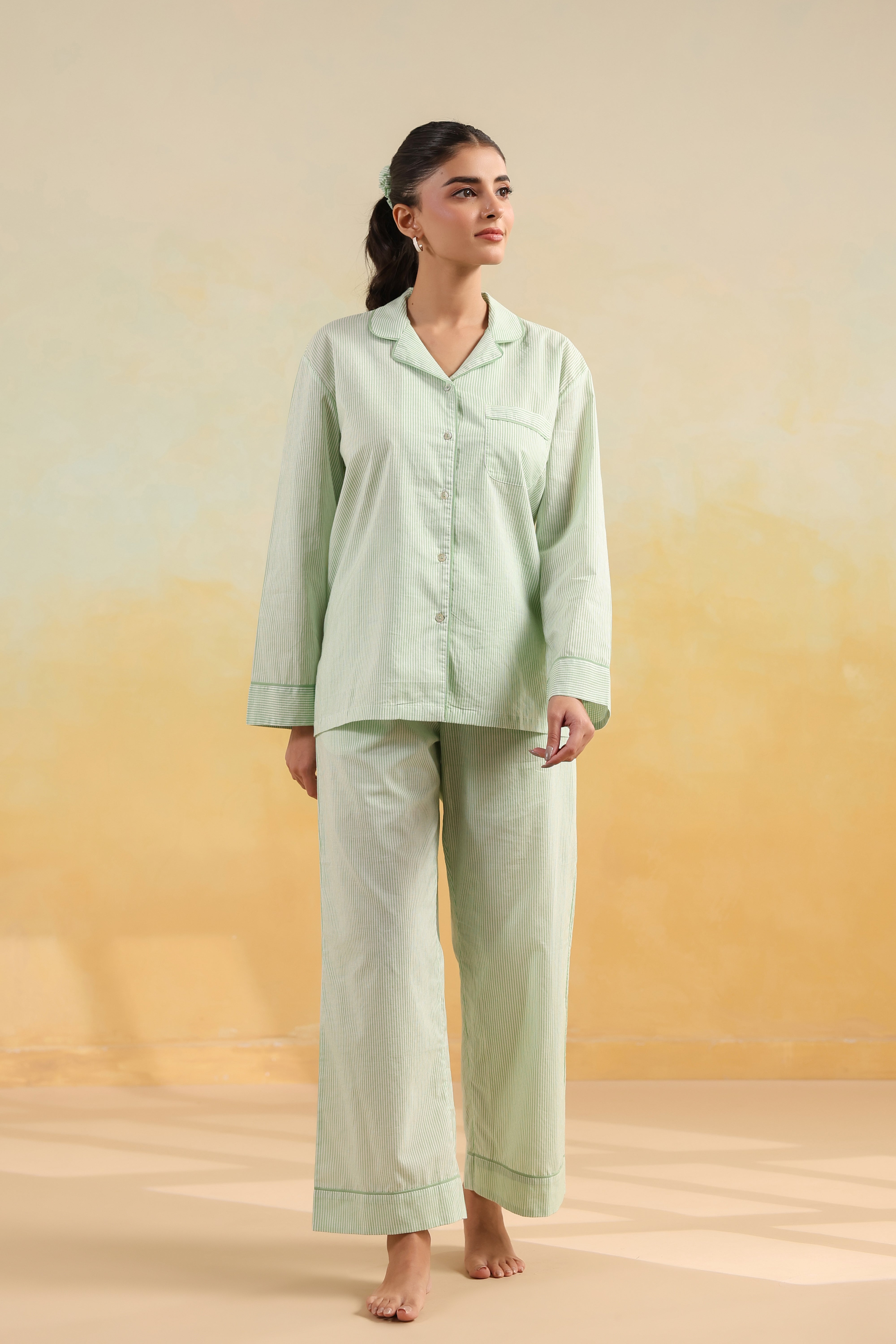 Mint Green Stripe Cotton Night Suit