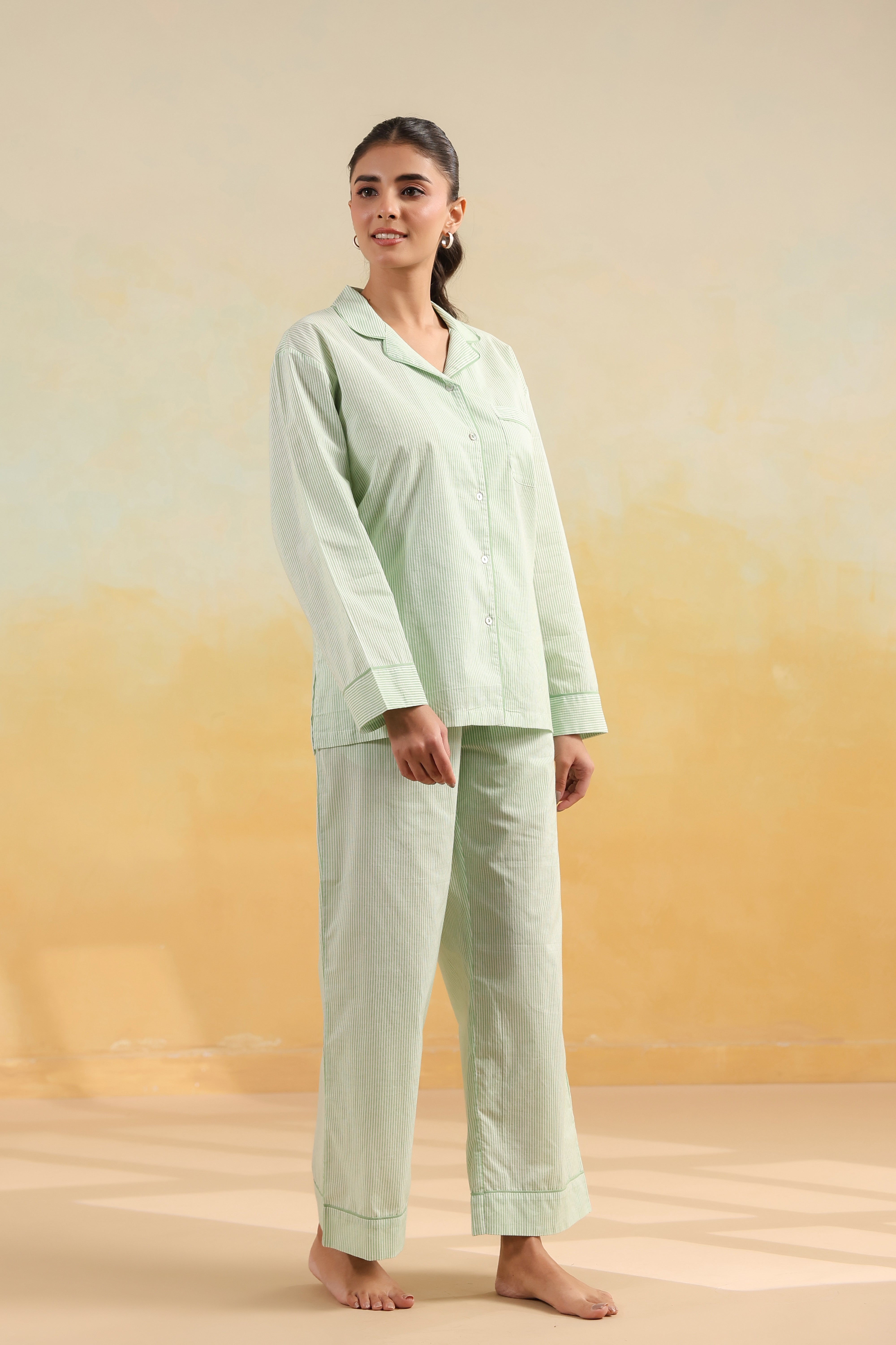Mint Green Stripe Cotton Night Suit