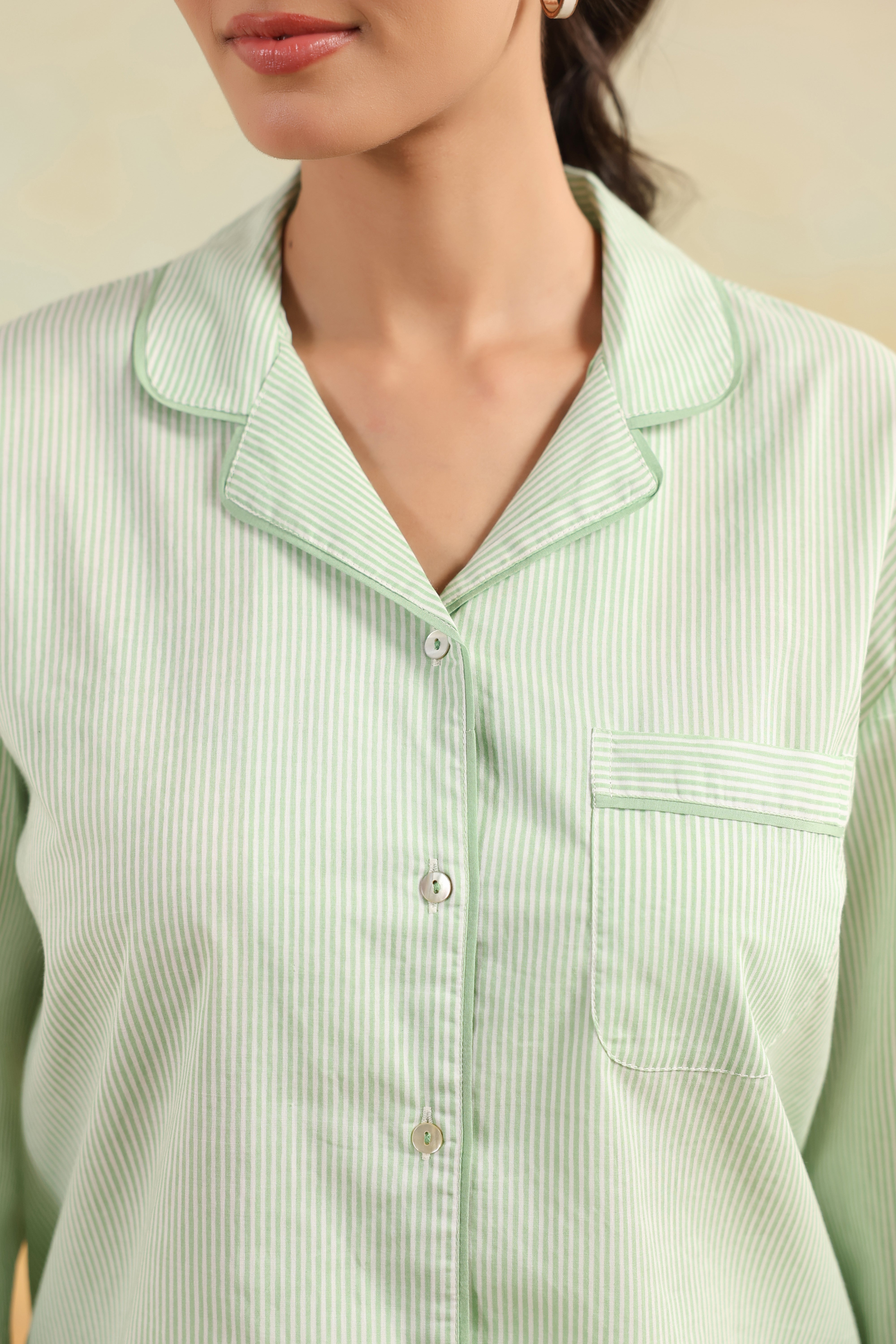 Mint Green Stripe Cotton Night Suit