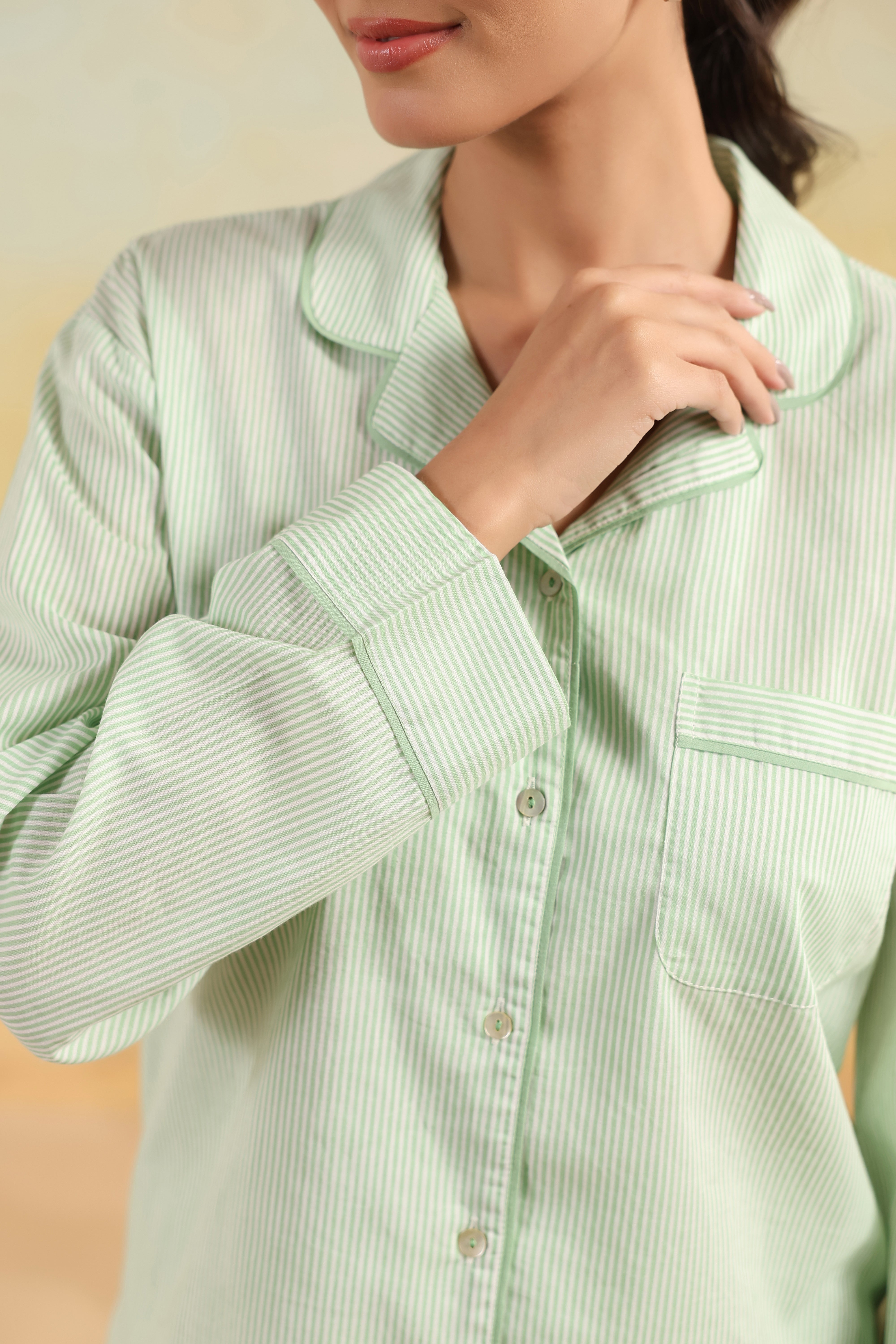 Mint Green Stripe Cotton Night Suit