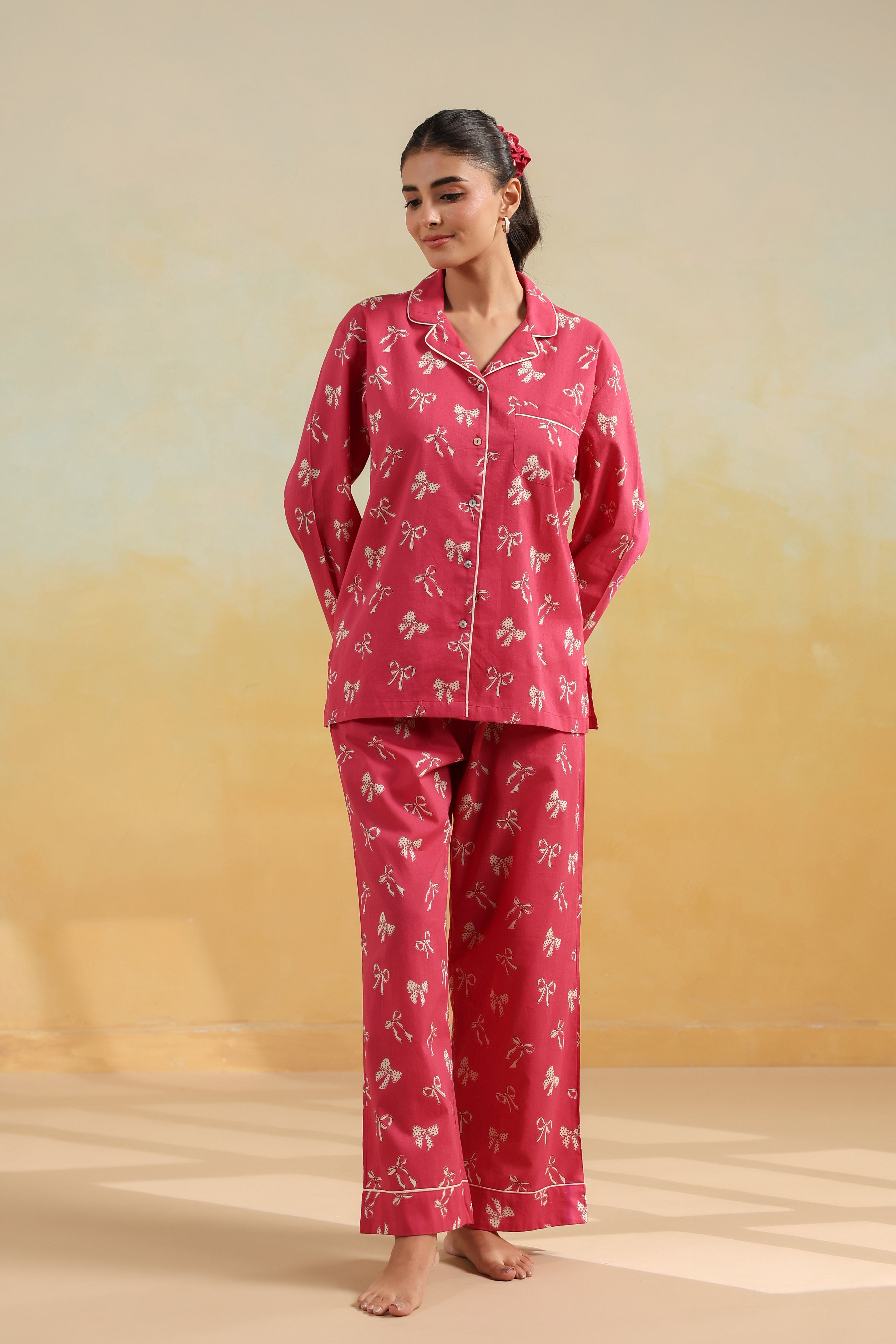 Pink Bow Cotton Night Suit