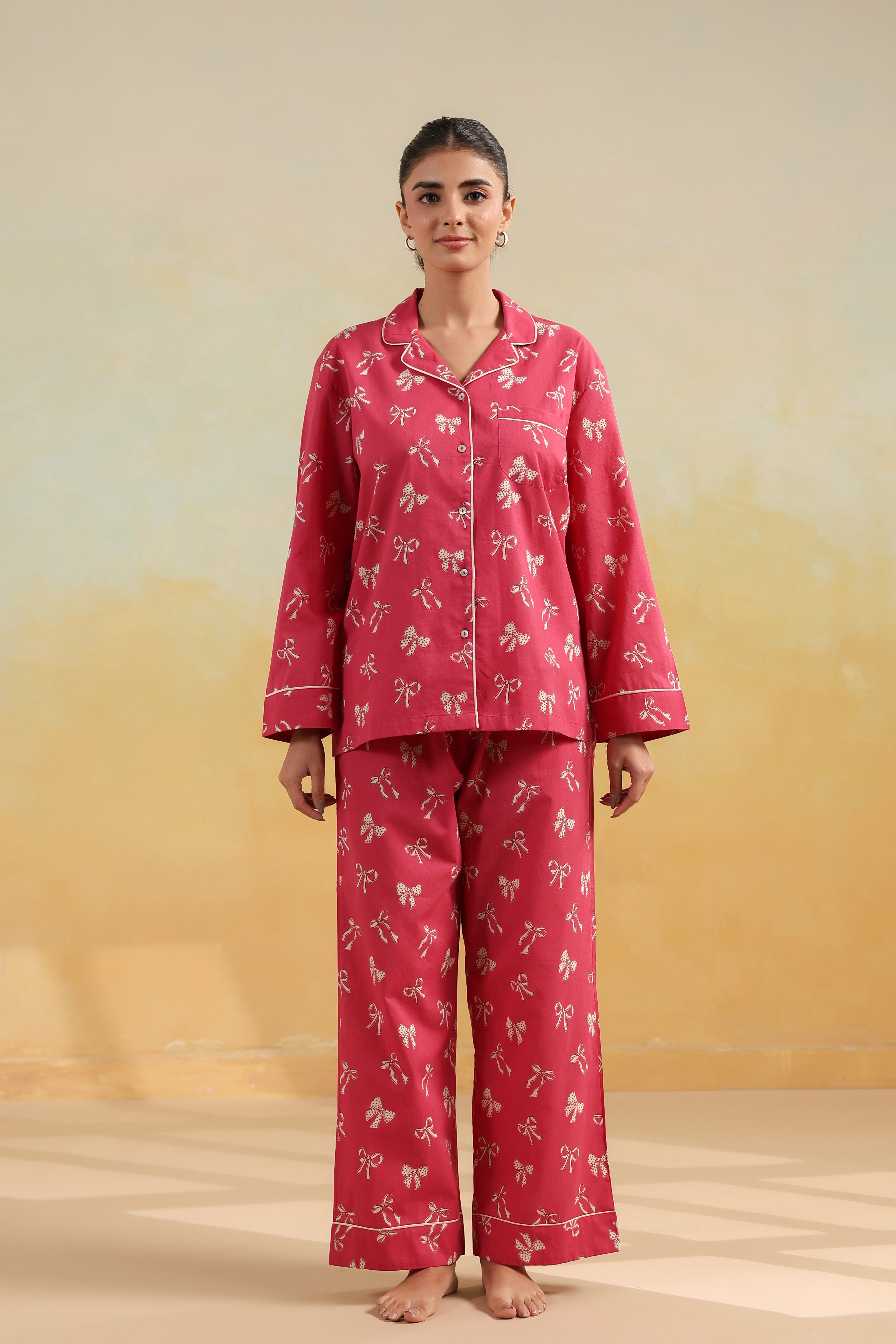 Pink Bow Cotton Night Suit