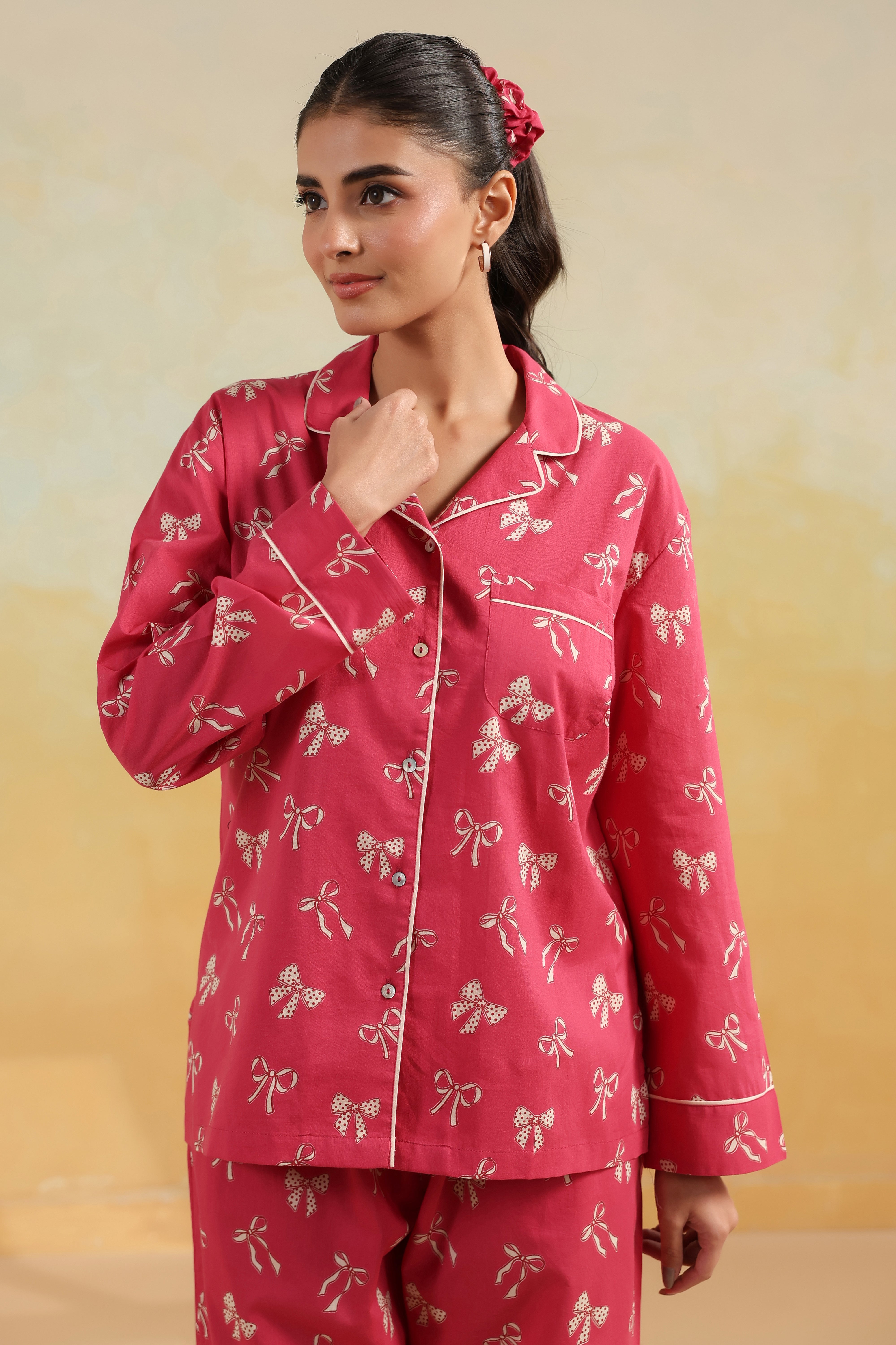 Pink Bow Cotton Night Suit