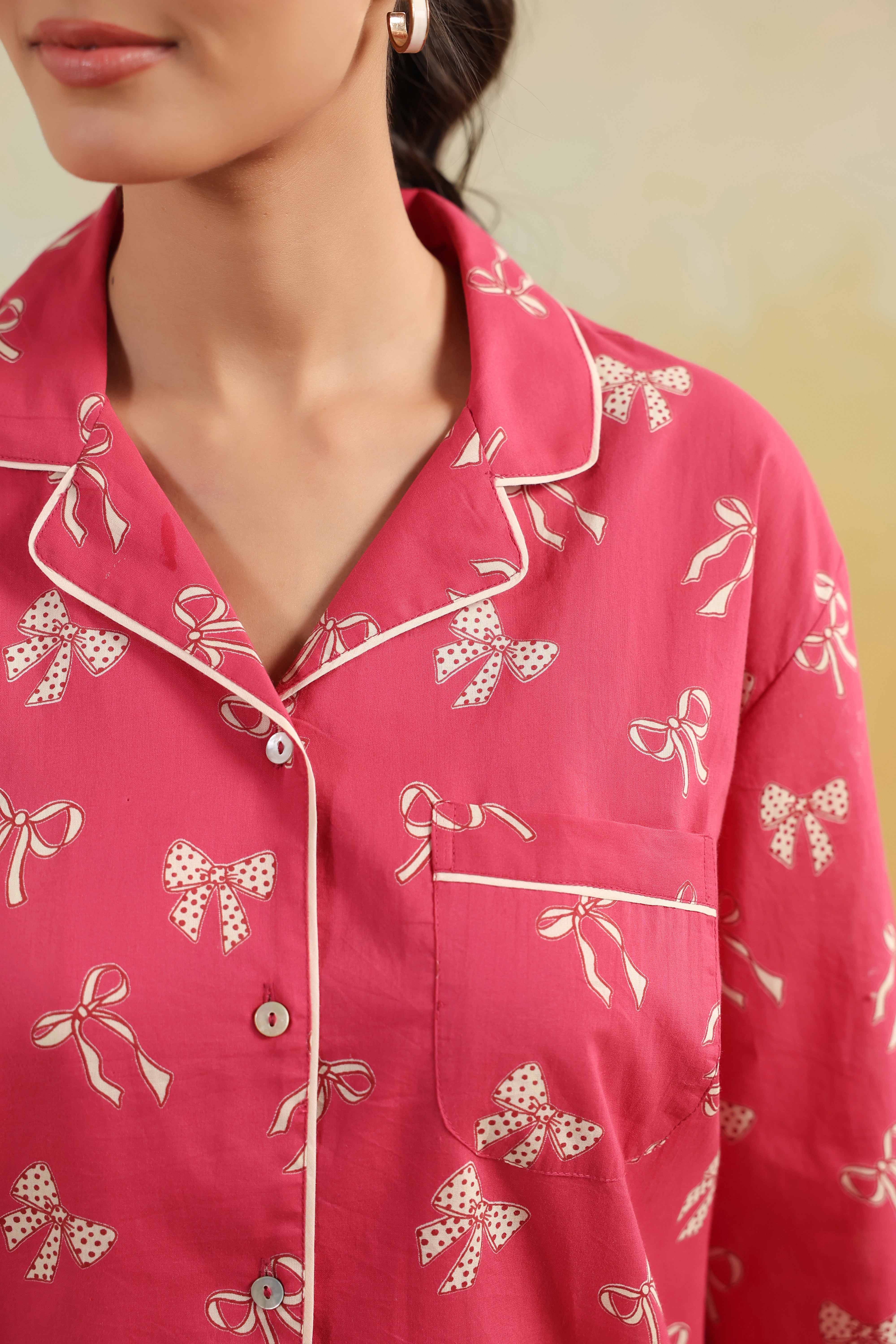 Pink Bow Cotton Night Suit