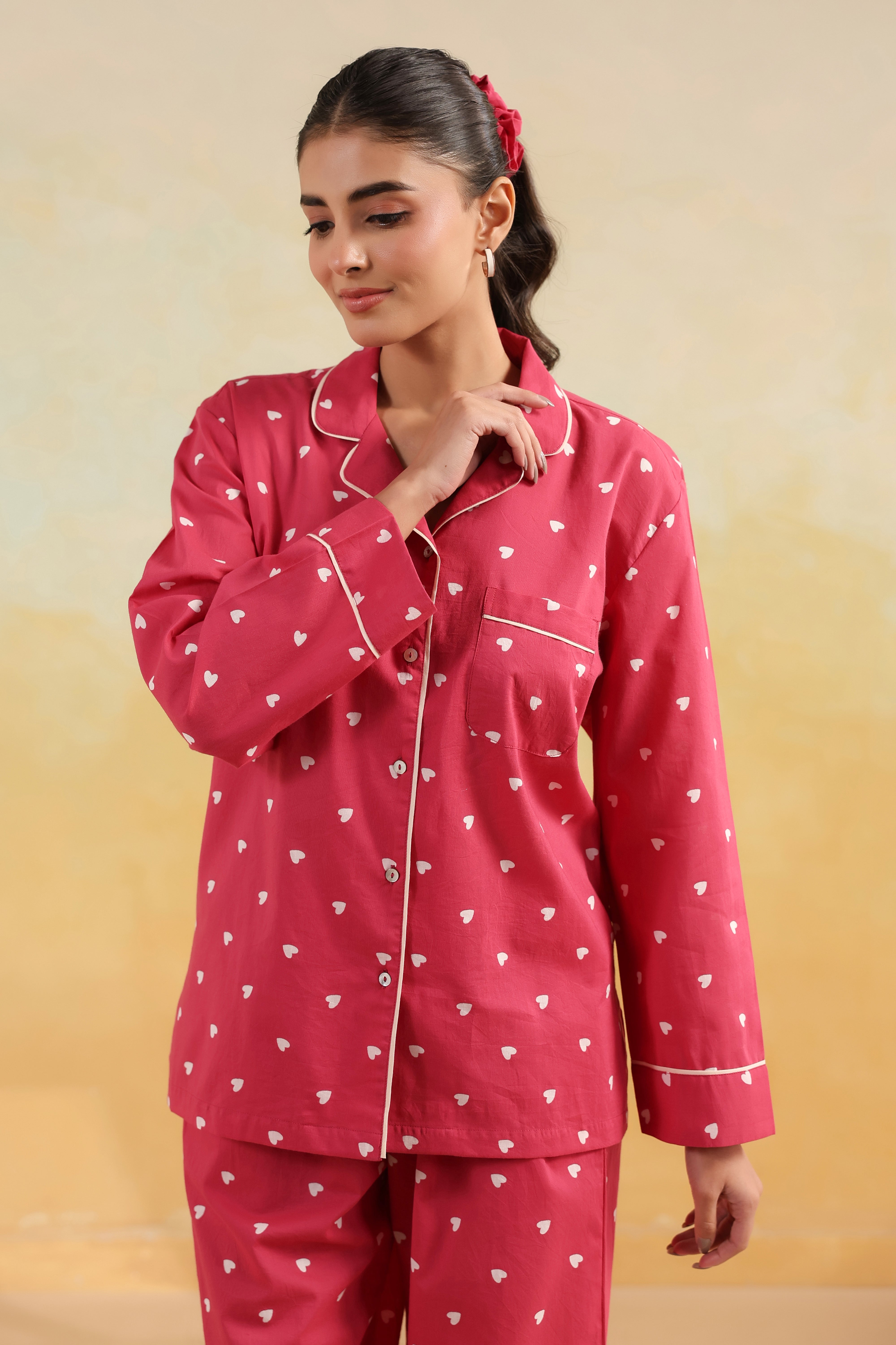 Pink Heart Cotton Night Suit