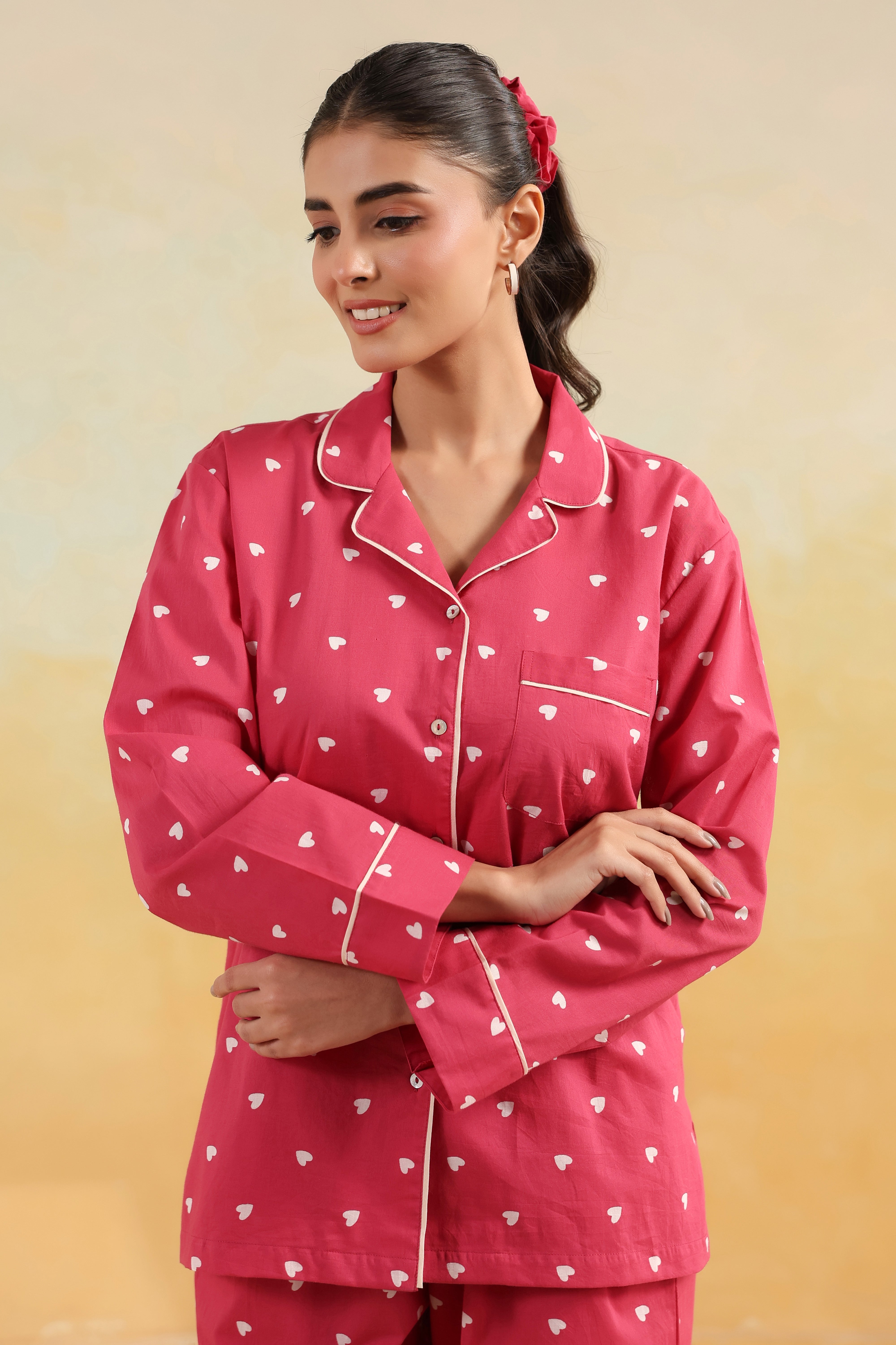Pink Heart Cotton Night Suit