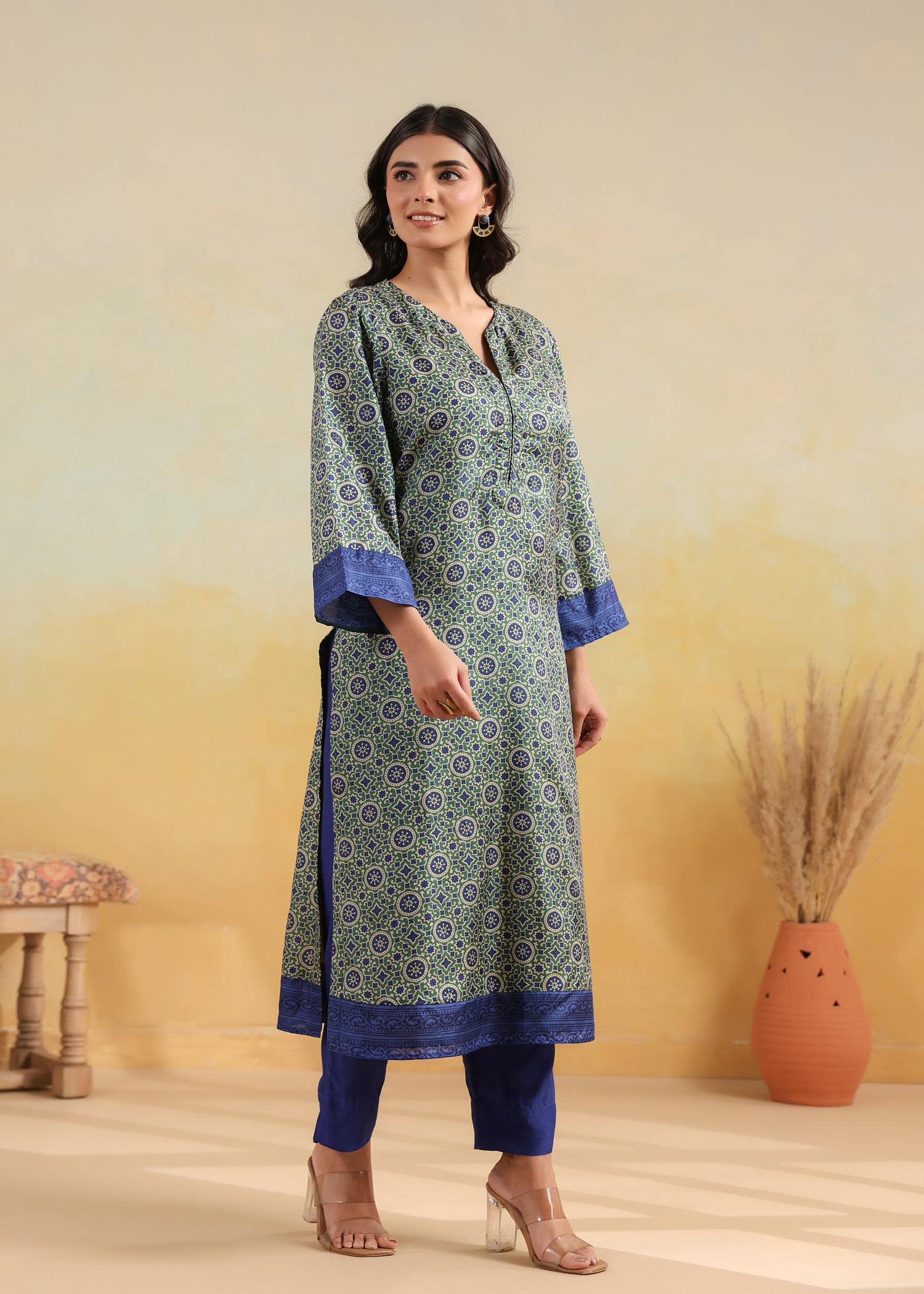 Printed Silk Kurta- Blue/Green