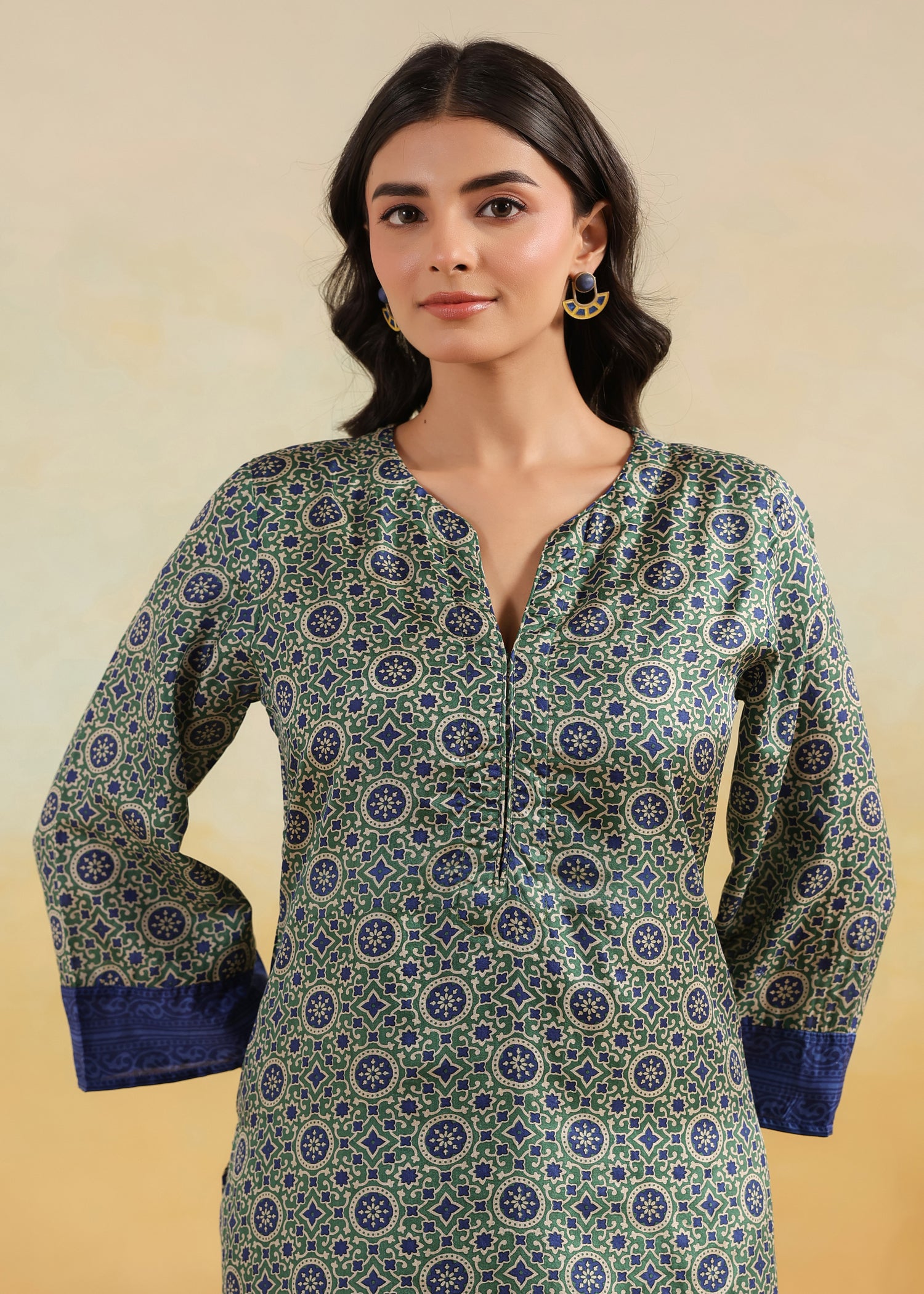 Printed Silk Kurta- Blue/Green