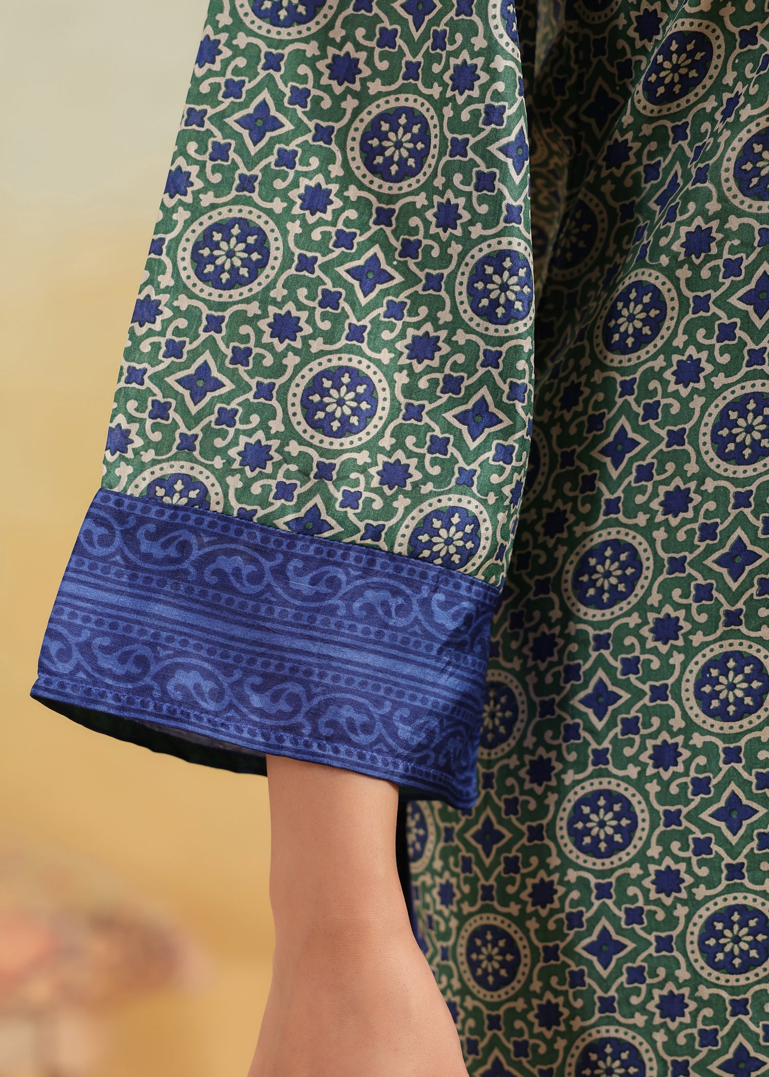 Printed Silk Kurta- Blue/Green