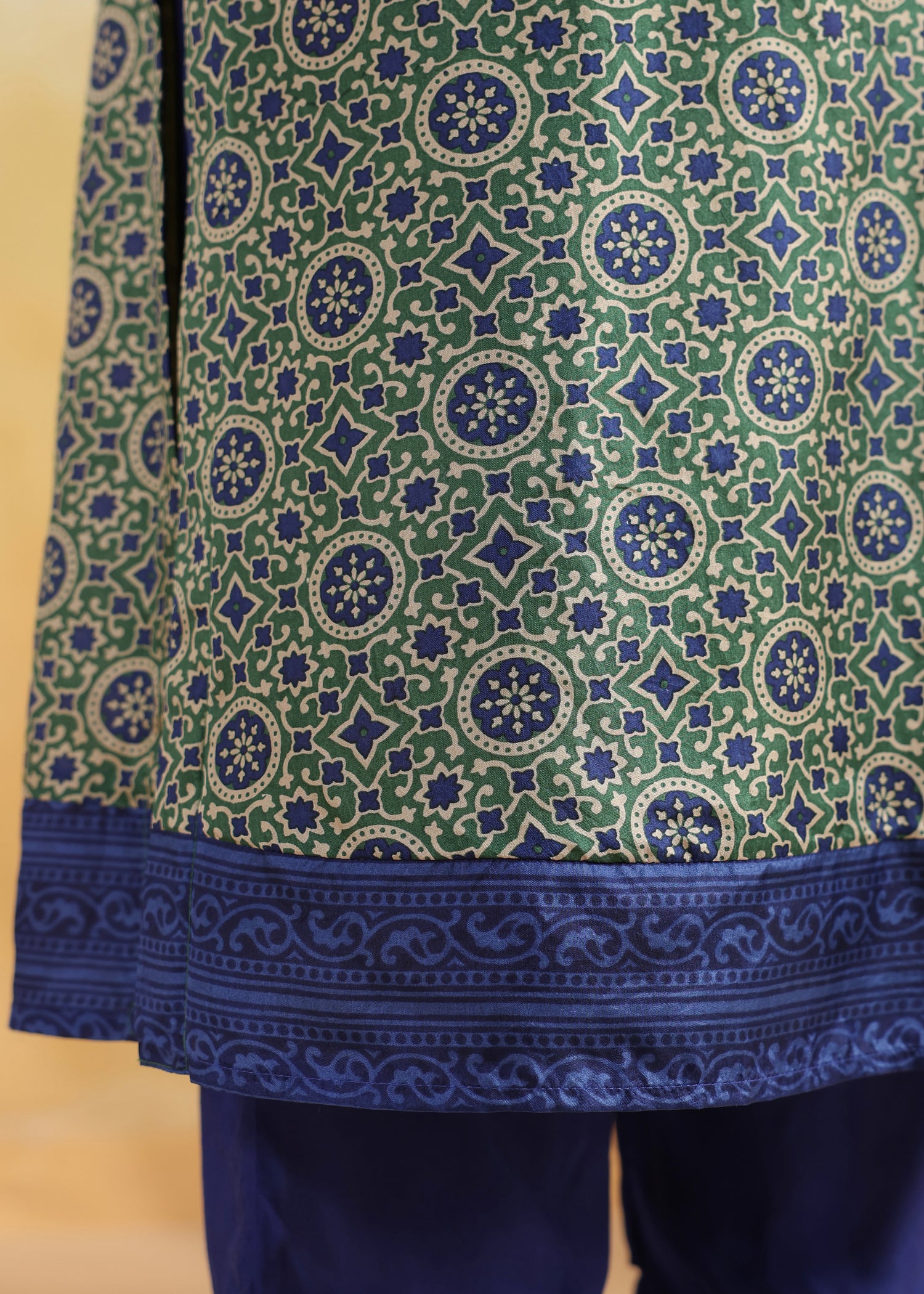 Printed Silk Kurta- Blue/Green