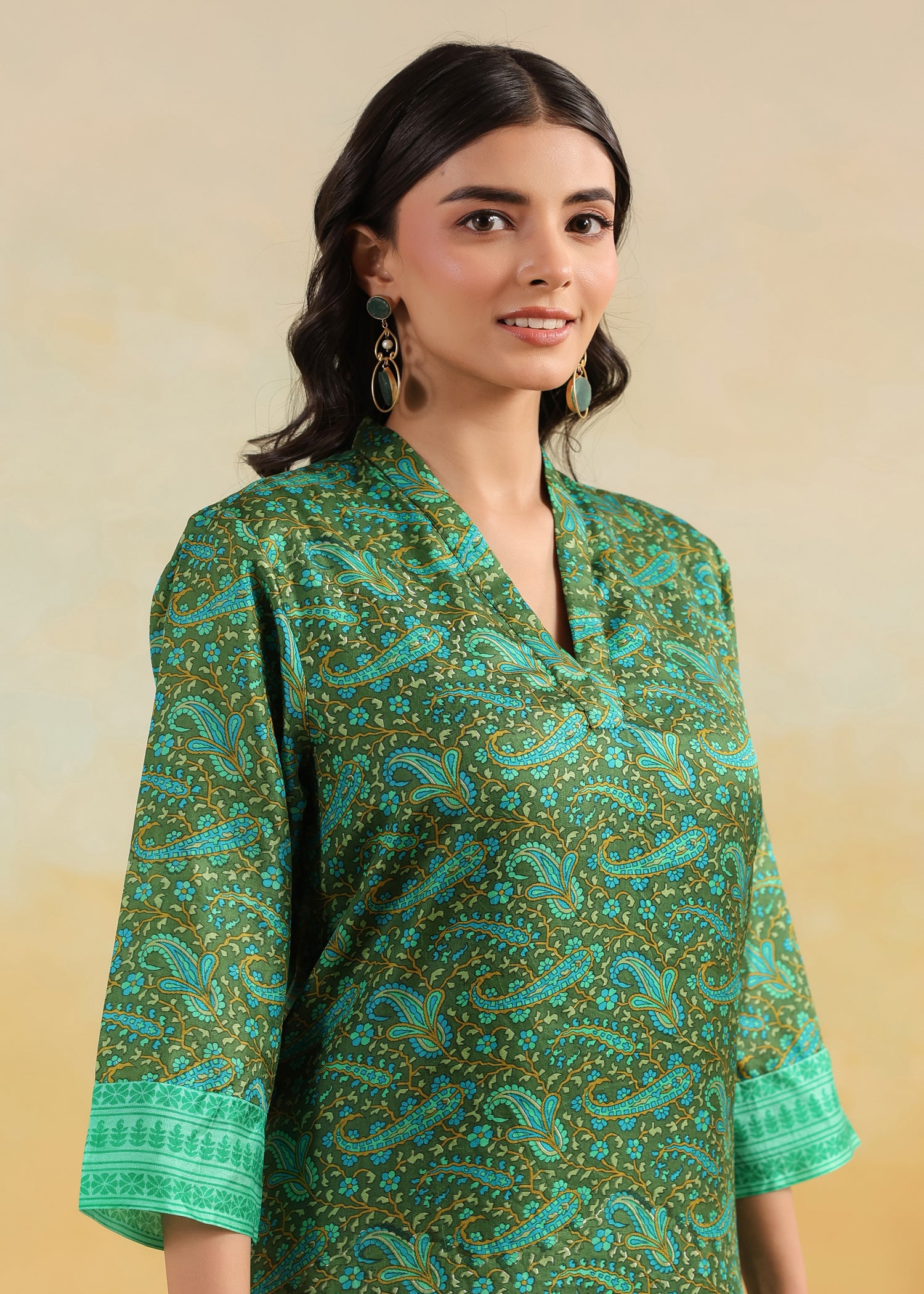 Lavanya Printed Silk Kurta- Green/Teal
