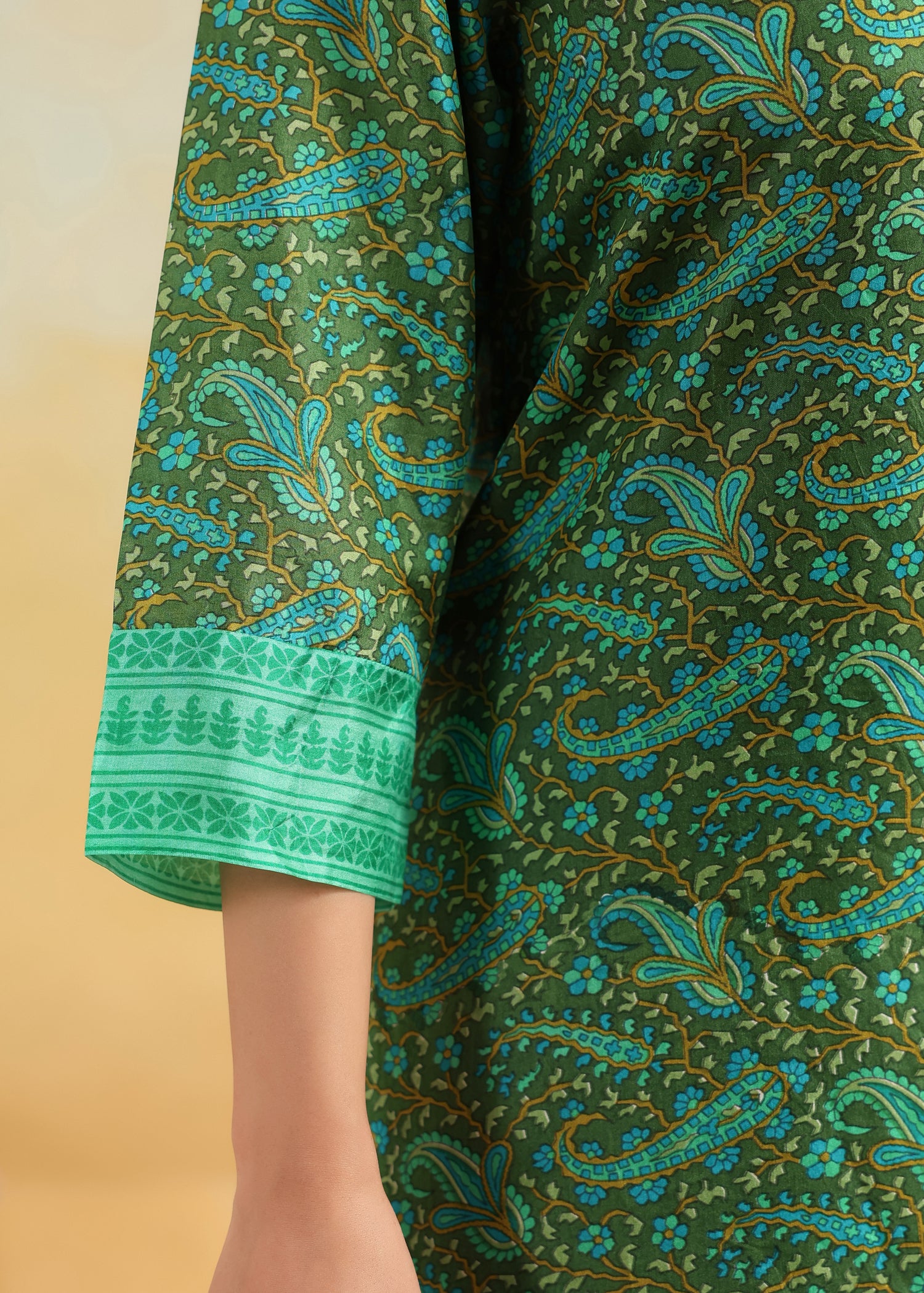 Lavanya Printed Silk Kurta- Green/Teal