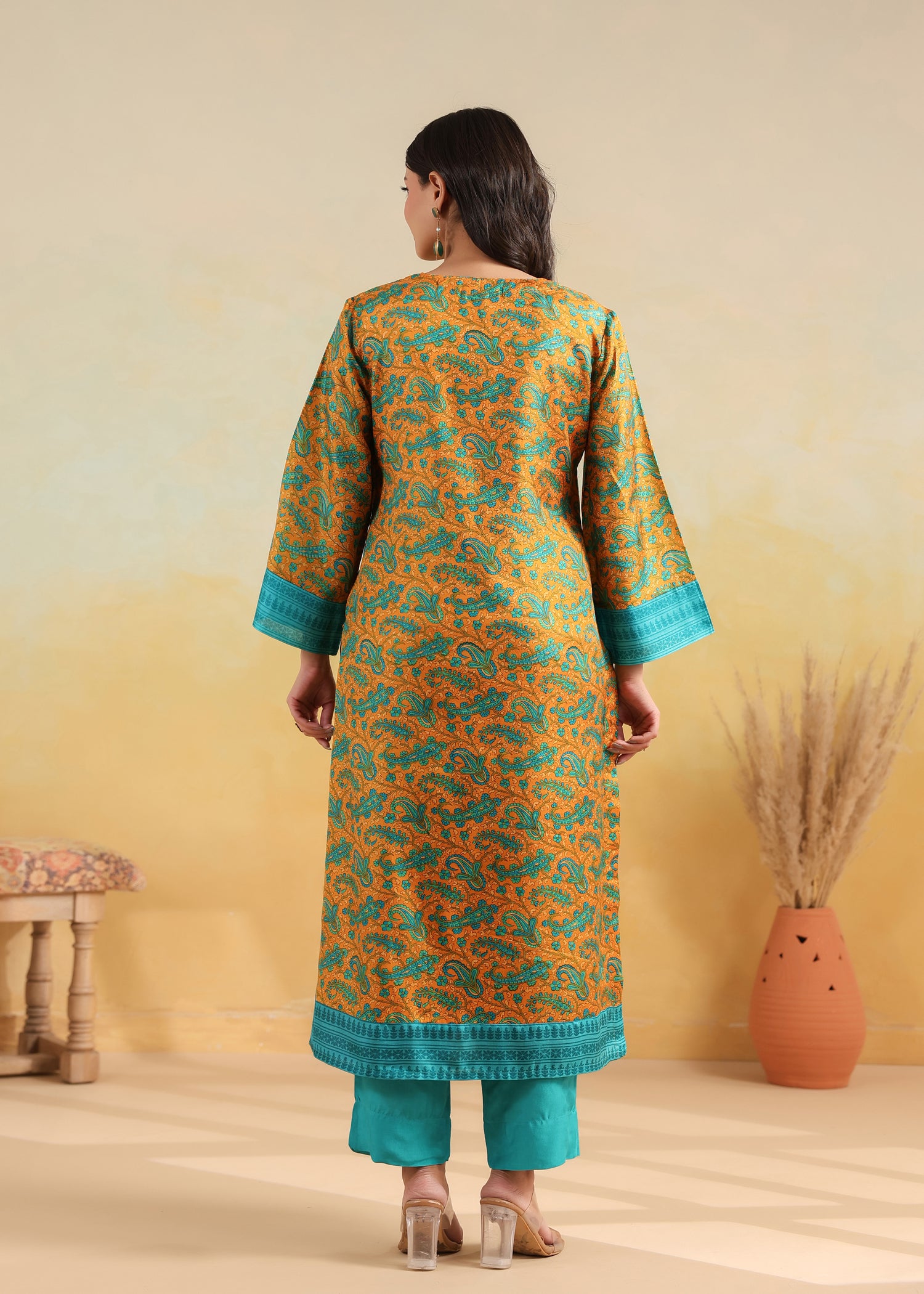 Printed Silk Kurta- Orange/Turquoise
