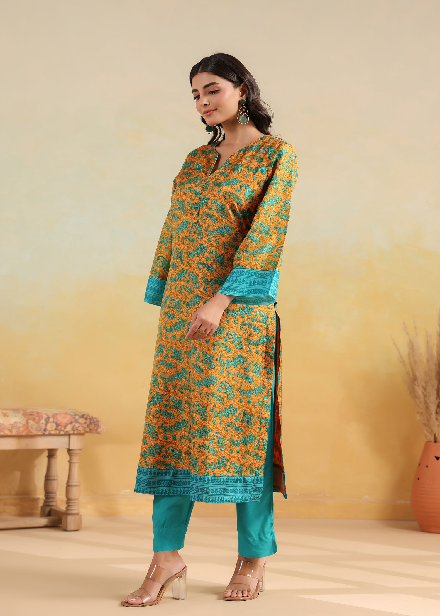 Printed Silk Kurta- Orange/Turquoise