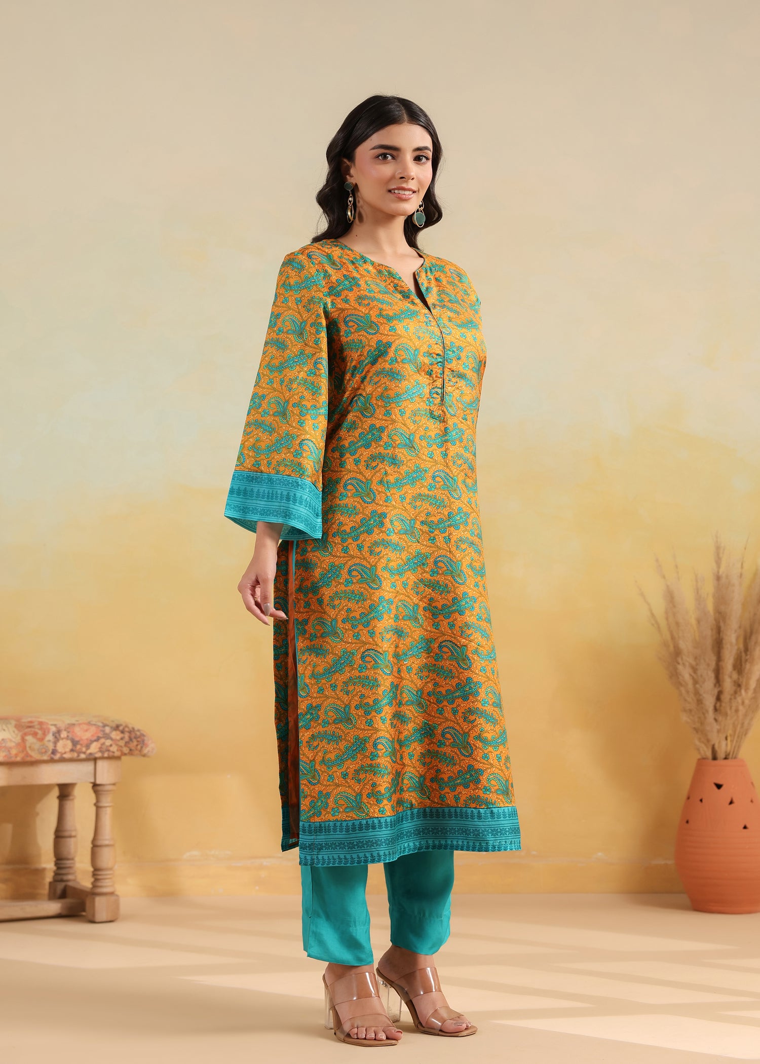 Printed Silk Kurta- Orange/Turquoise