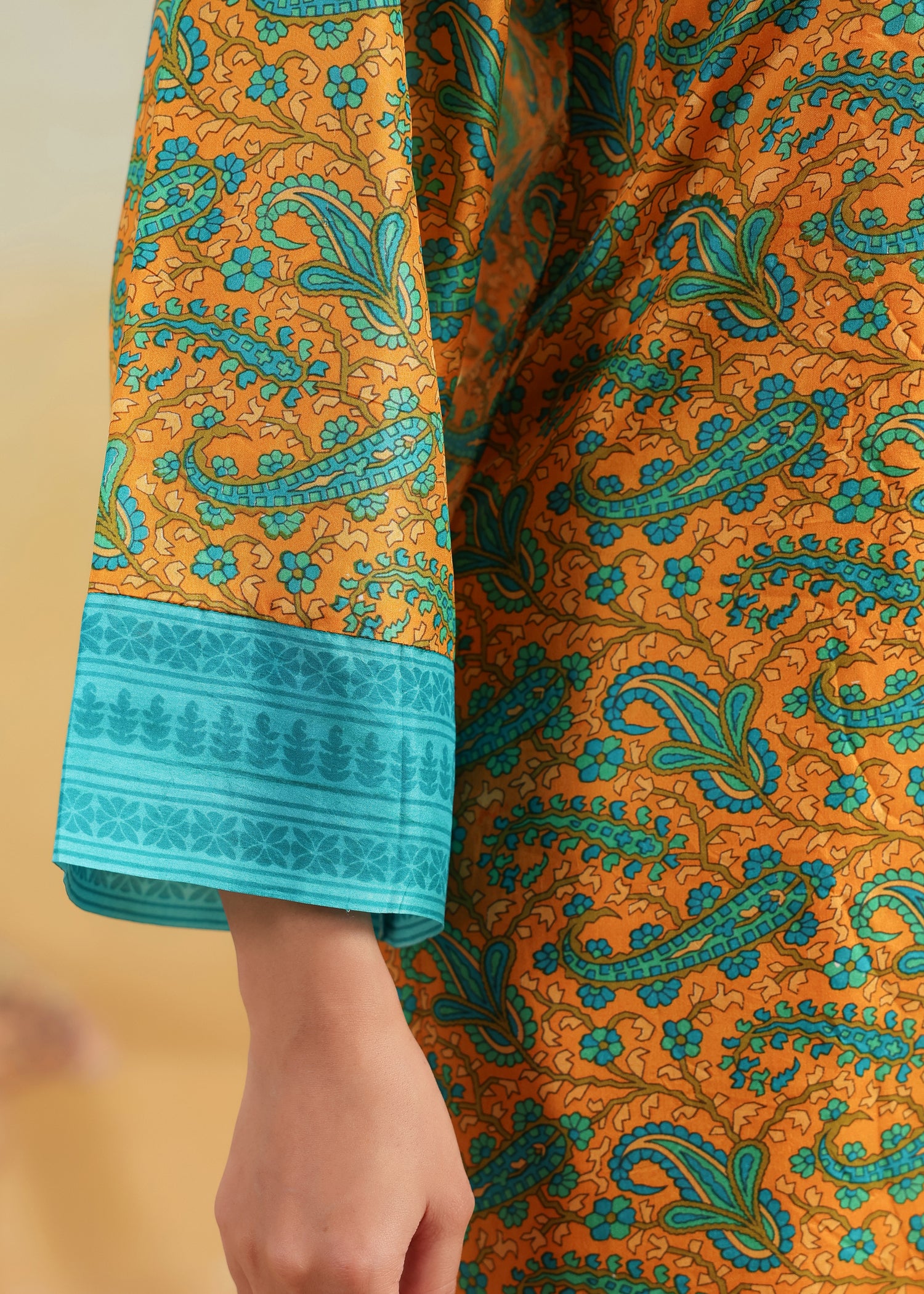 Printed Silk Kurta- Orange/Turquoise