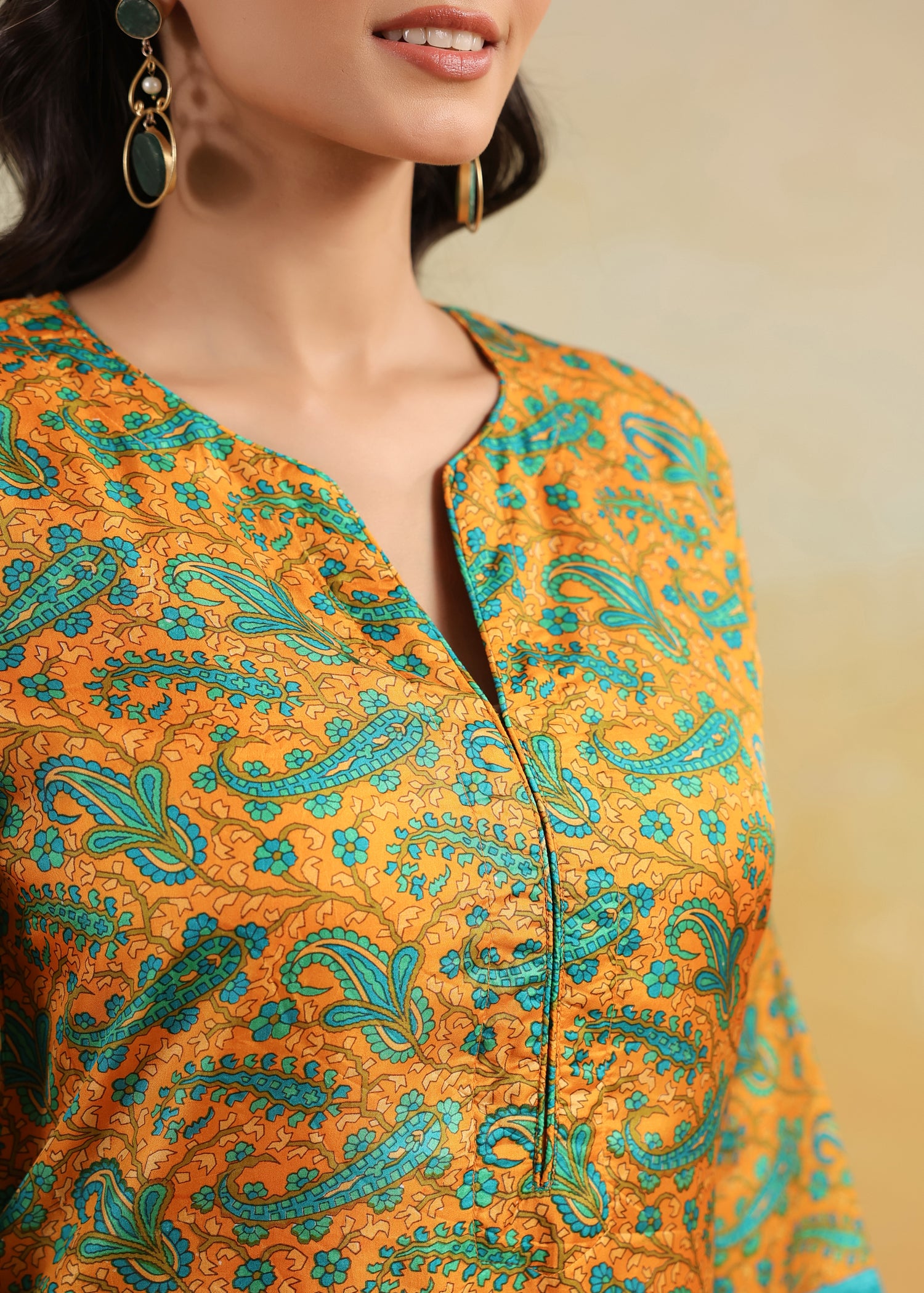Printed Silk Kurta- Orange/Turquoise