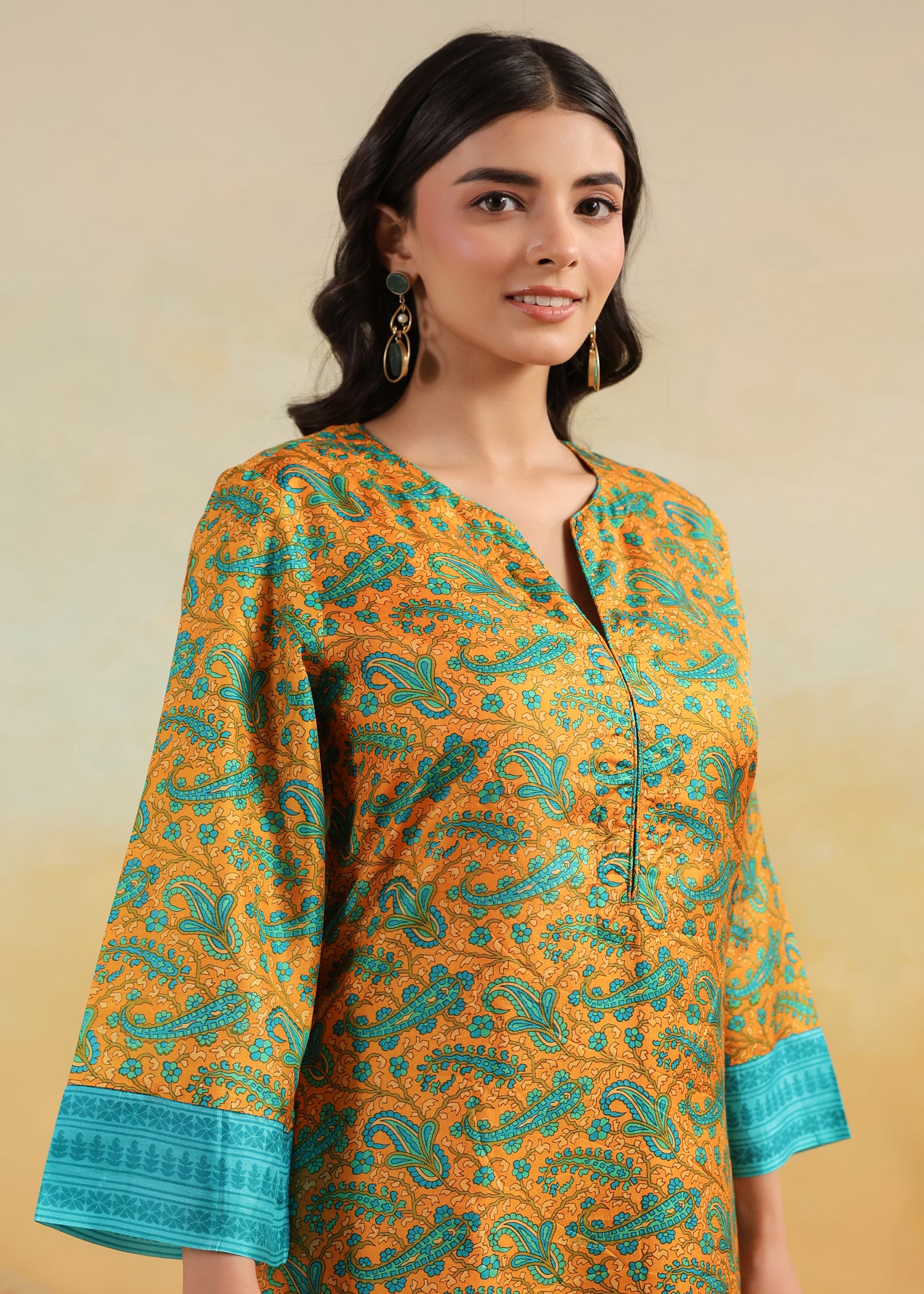 Printed Silk Kurta- Orange/Turquoise