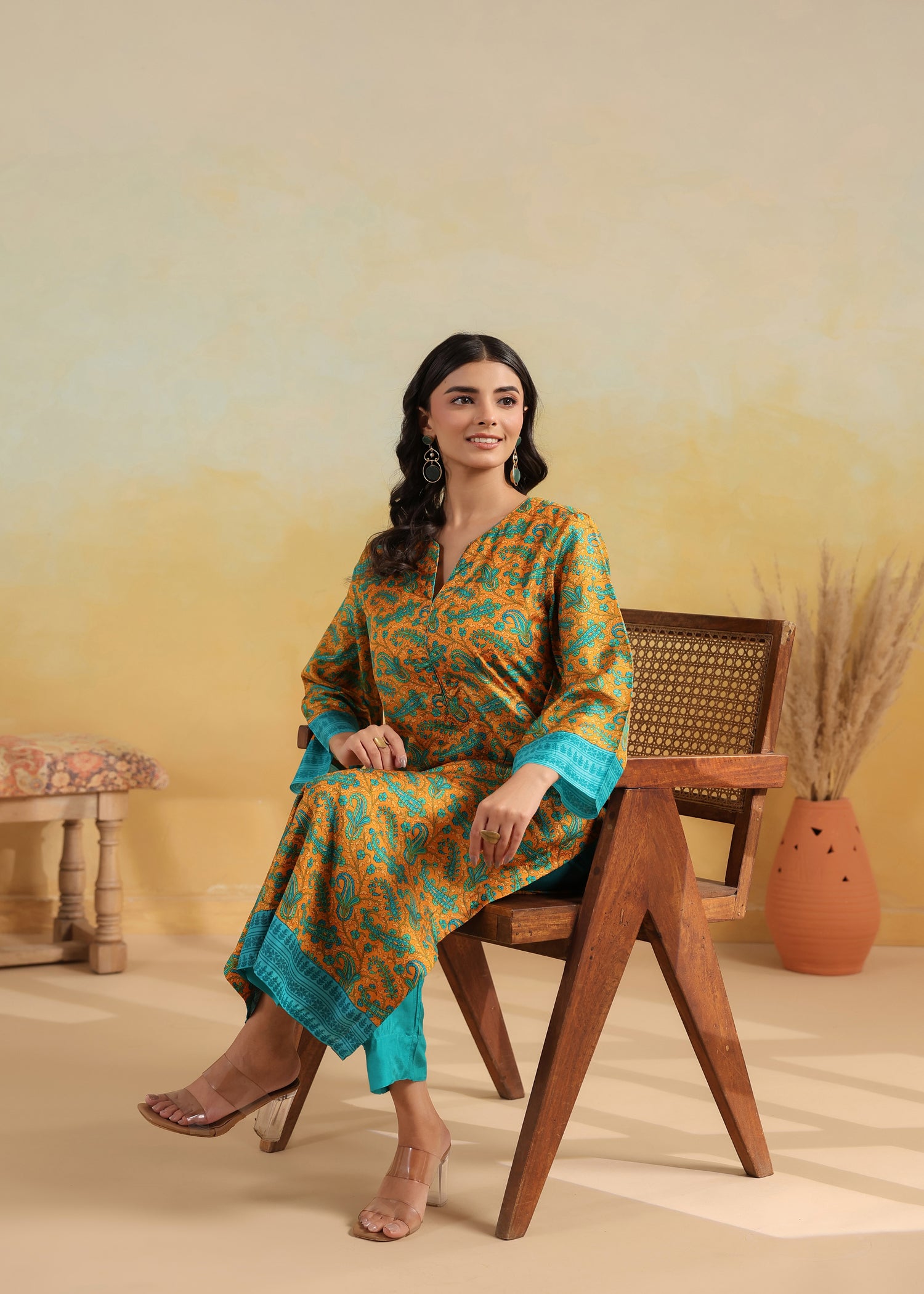 Printed Silk Kurta- Orange/Turquoise