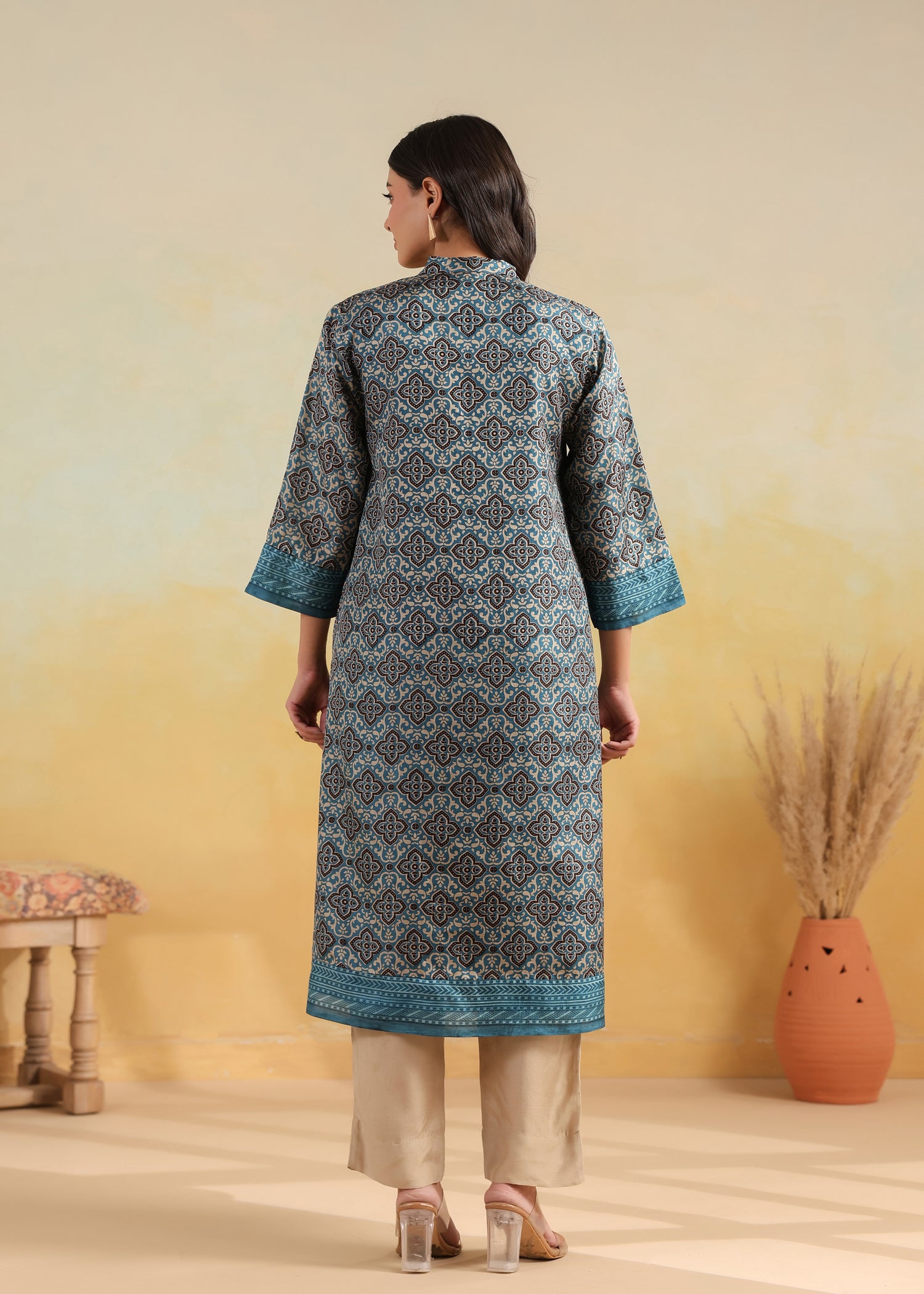Lavanya Printed Silk Kurta-Teal/Brown
