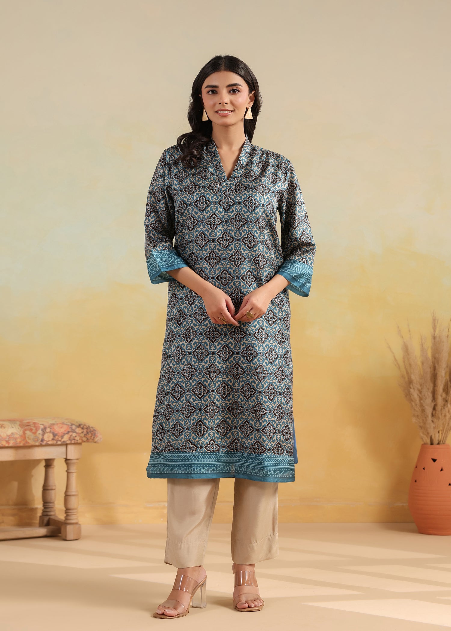 Lavanya Printed Silk Kurta-Teal/Brown