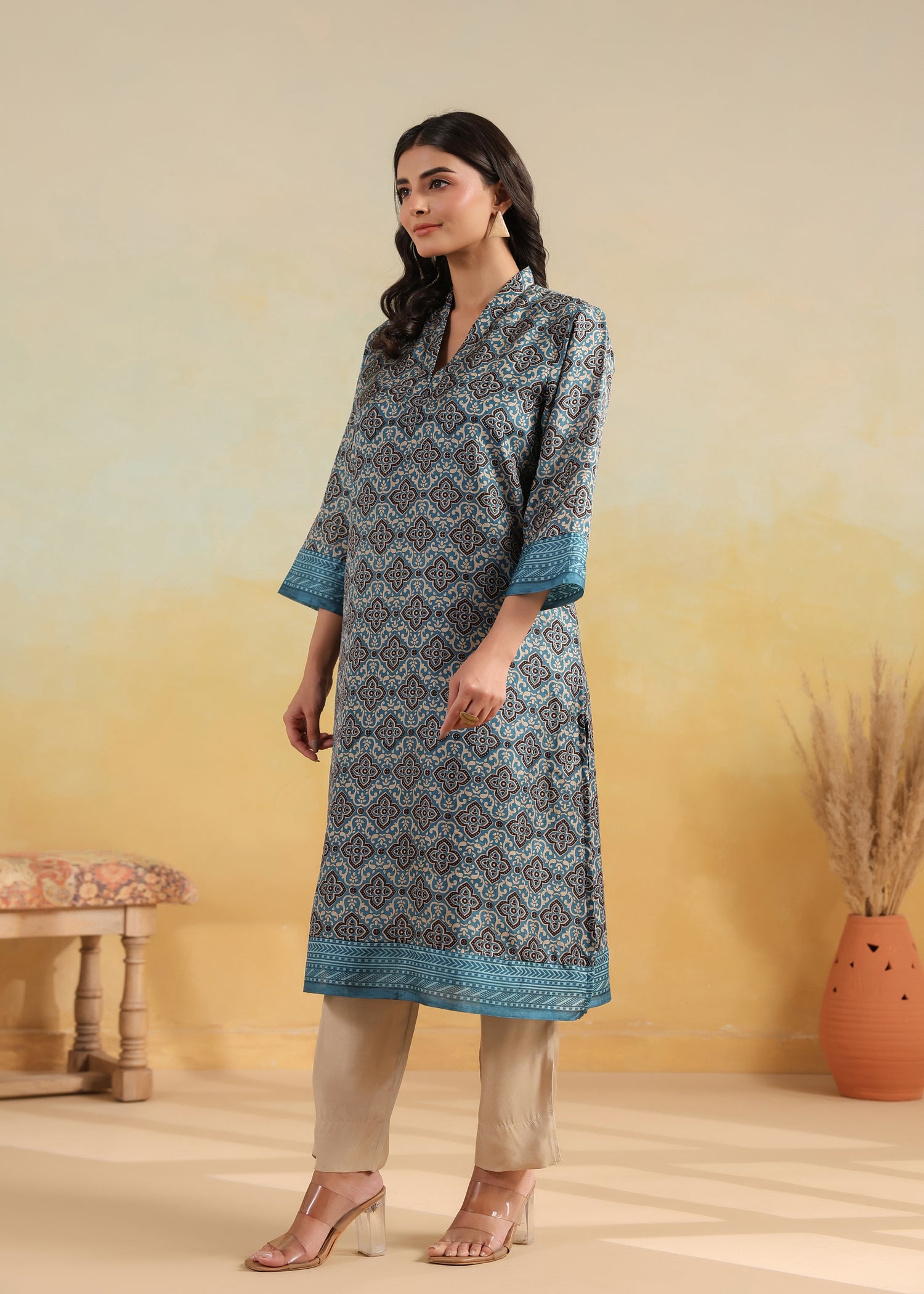 Lavanya Printed Silk Kurta-Teal/Brown