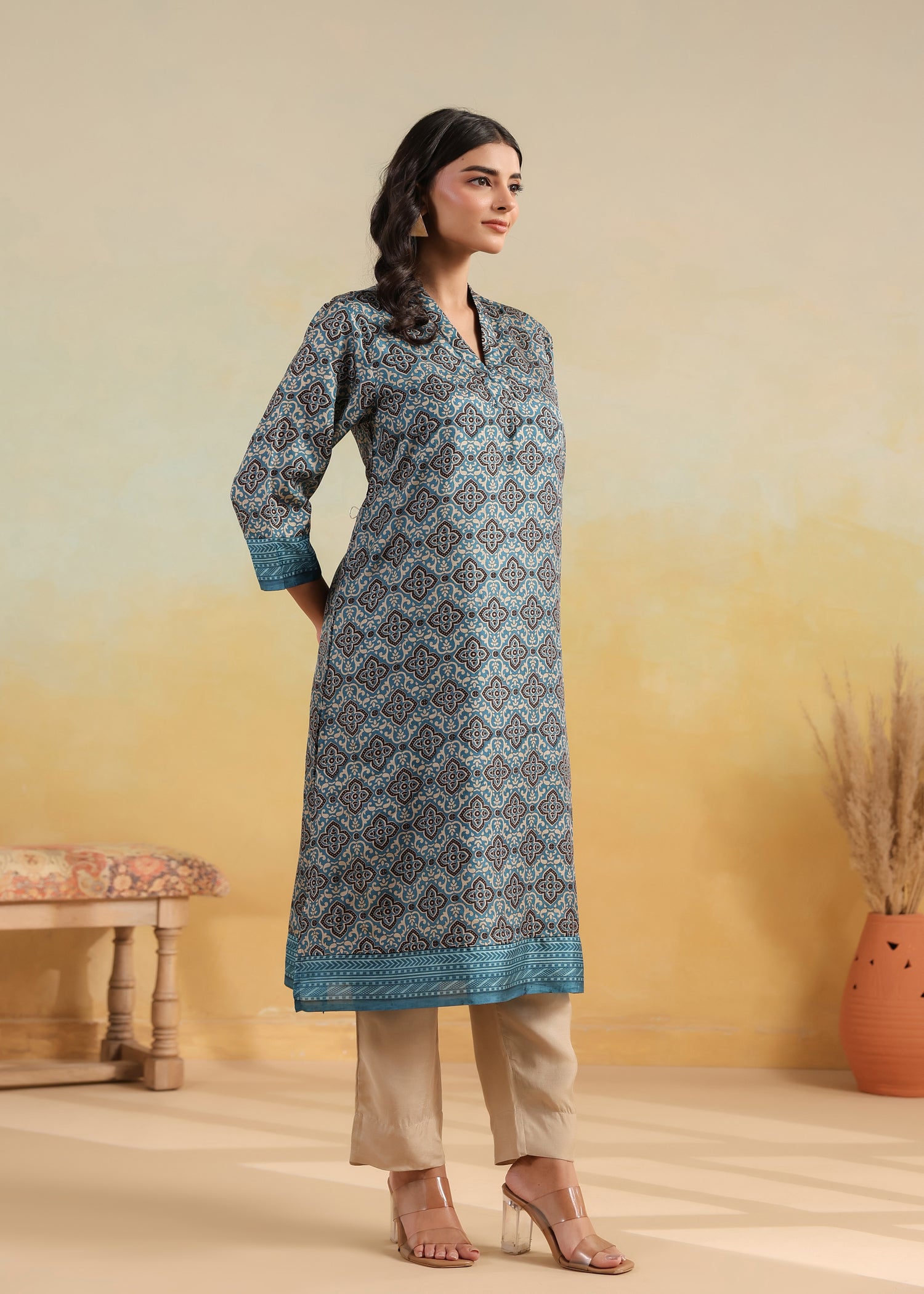 Lavanya Printed Silk Kurta-Teal/Brown