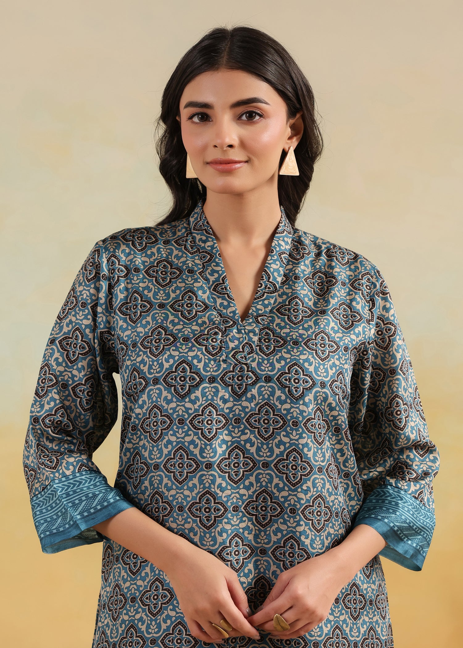 Lavanya Printed Silk Kurta-Teal/Brown