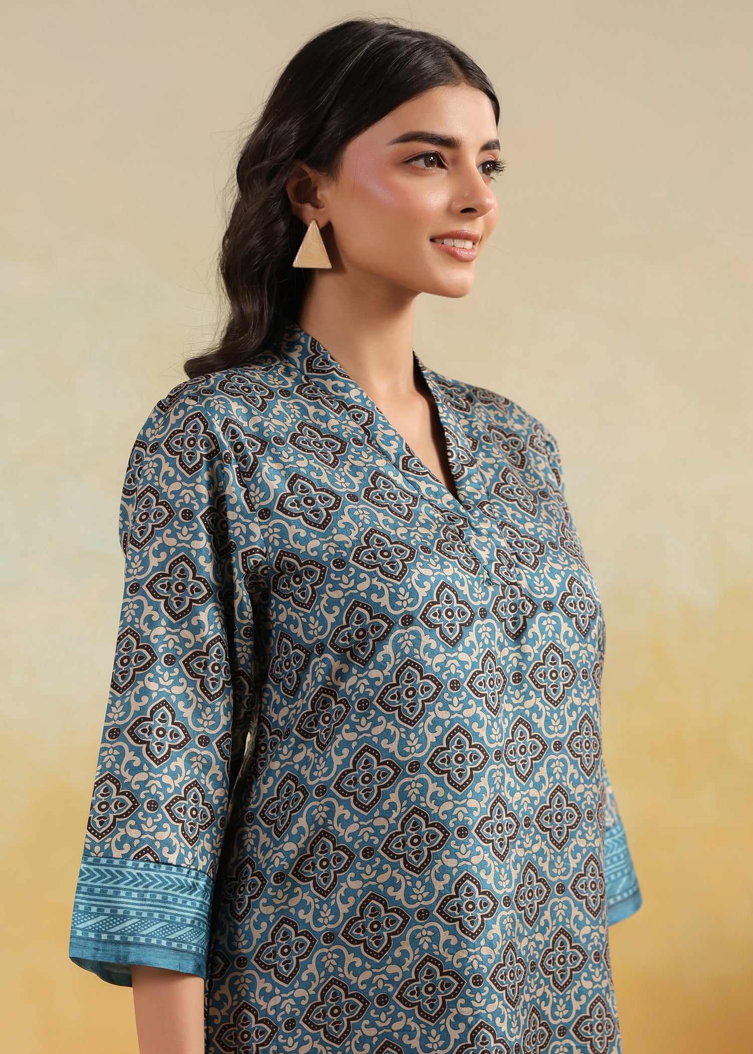 Lavanya Printed Silk Kurta-Teal/Brown