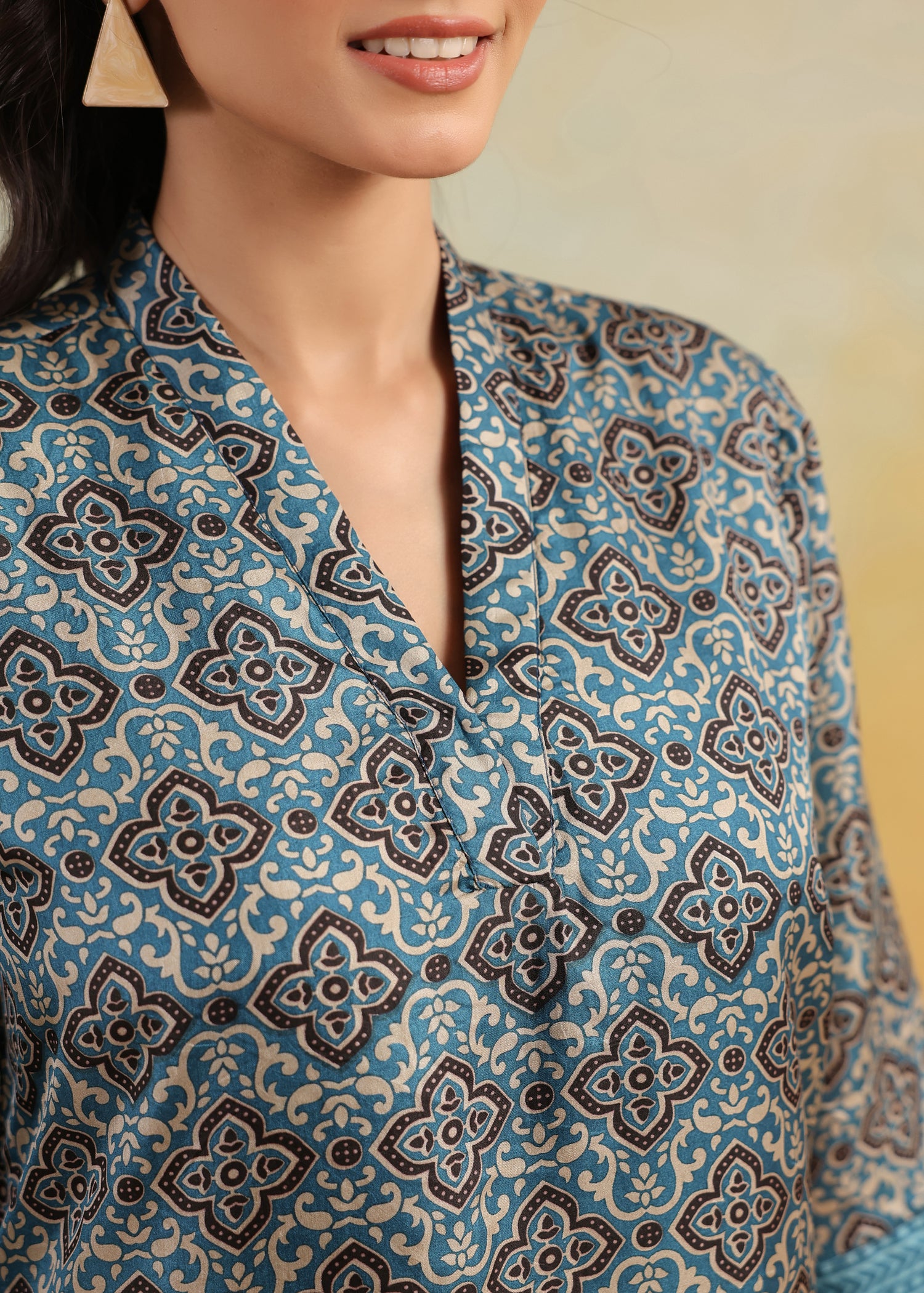 Lavanya Printed Silk Kurta-Teal/Brown