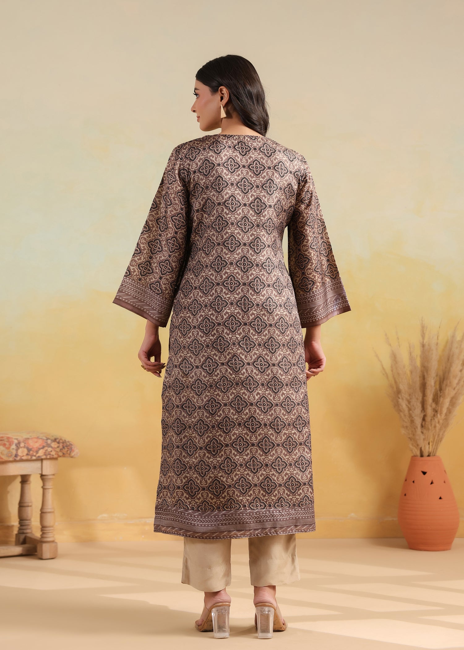 Printed Silk Kurta- Brown